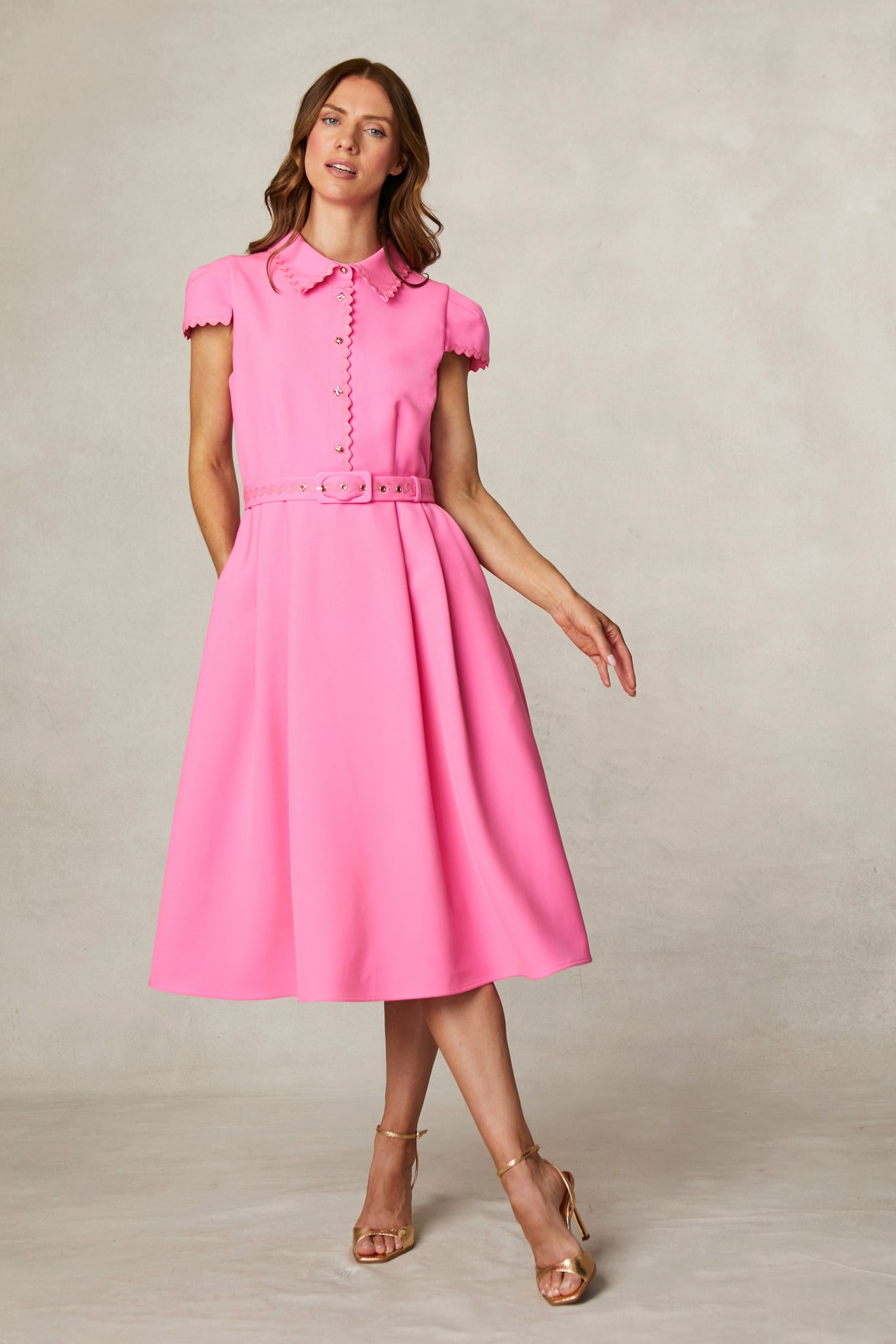 Fee G pink midi shirt dress showing rick rack trim and waist belt