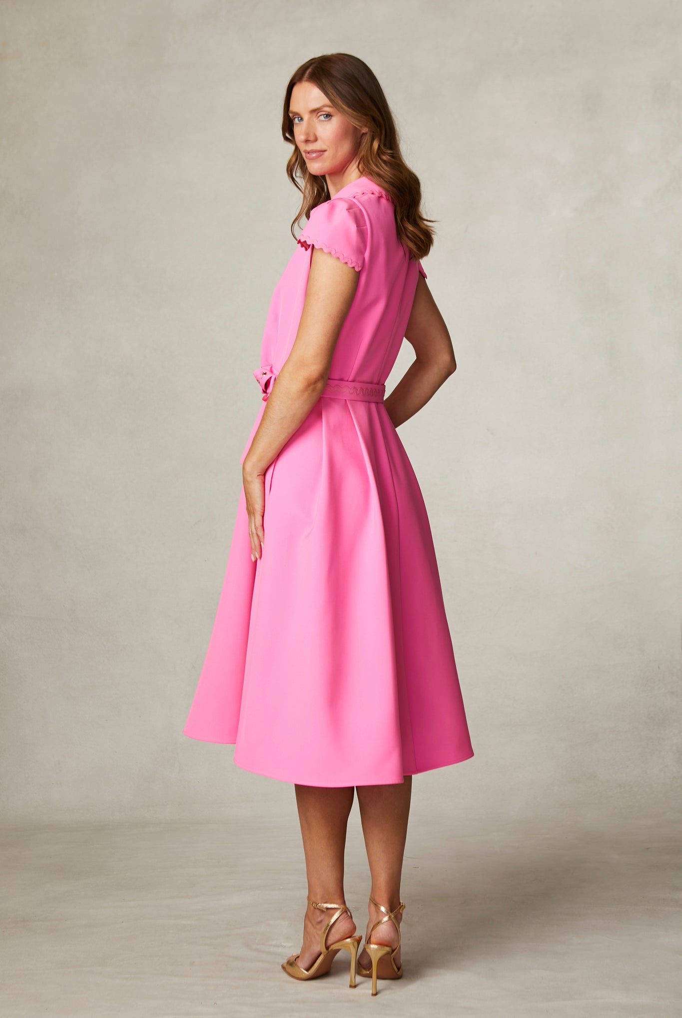 Fee G pink belted midi dress back view A-line silhouette