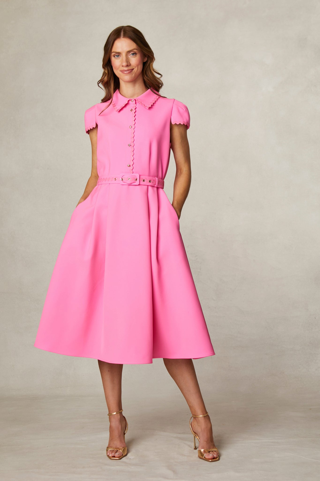 Fee G pink rick rack belted A-line shirt dress with pockets front view
