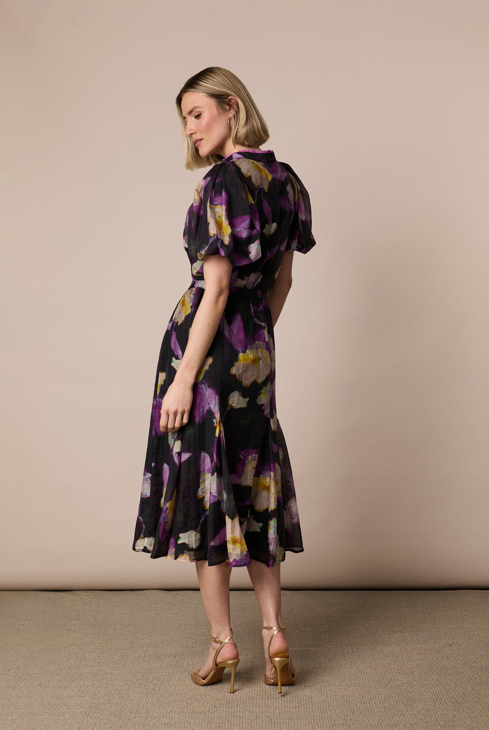 Back view of Fee G Emily black floral midi dress