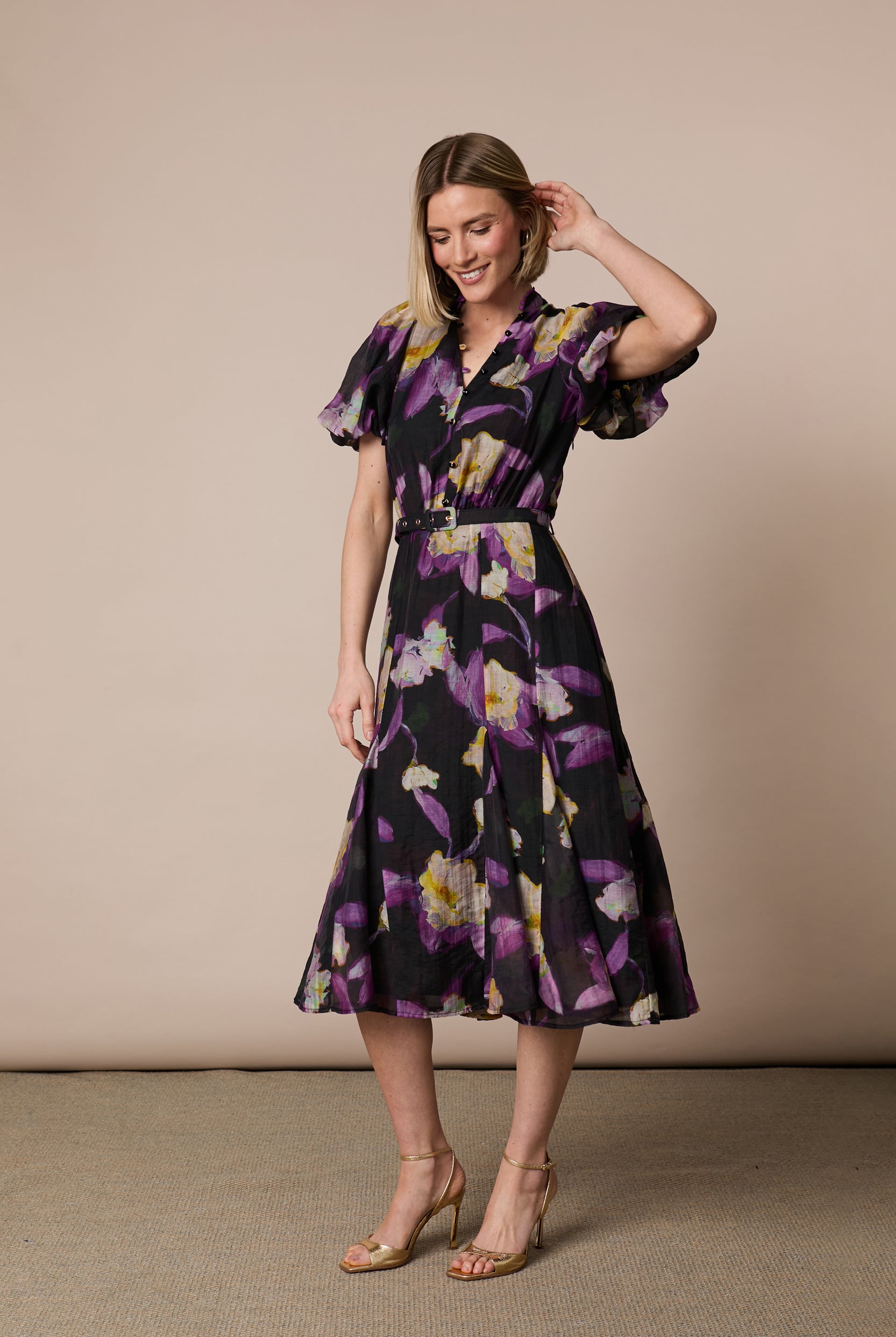Front view of Fee G Emily floral occasion midi dress