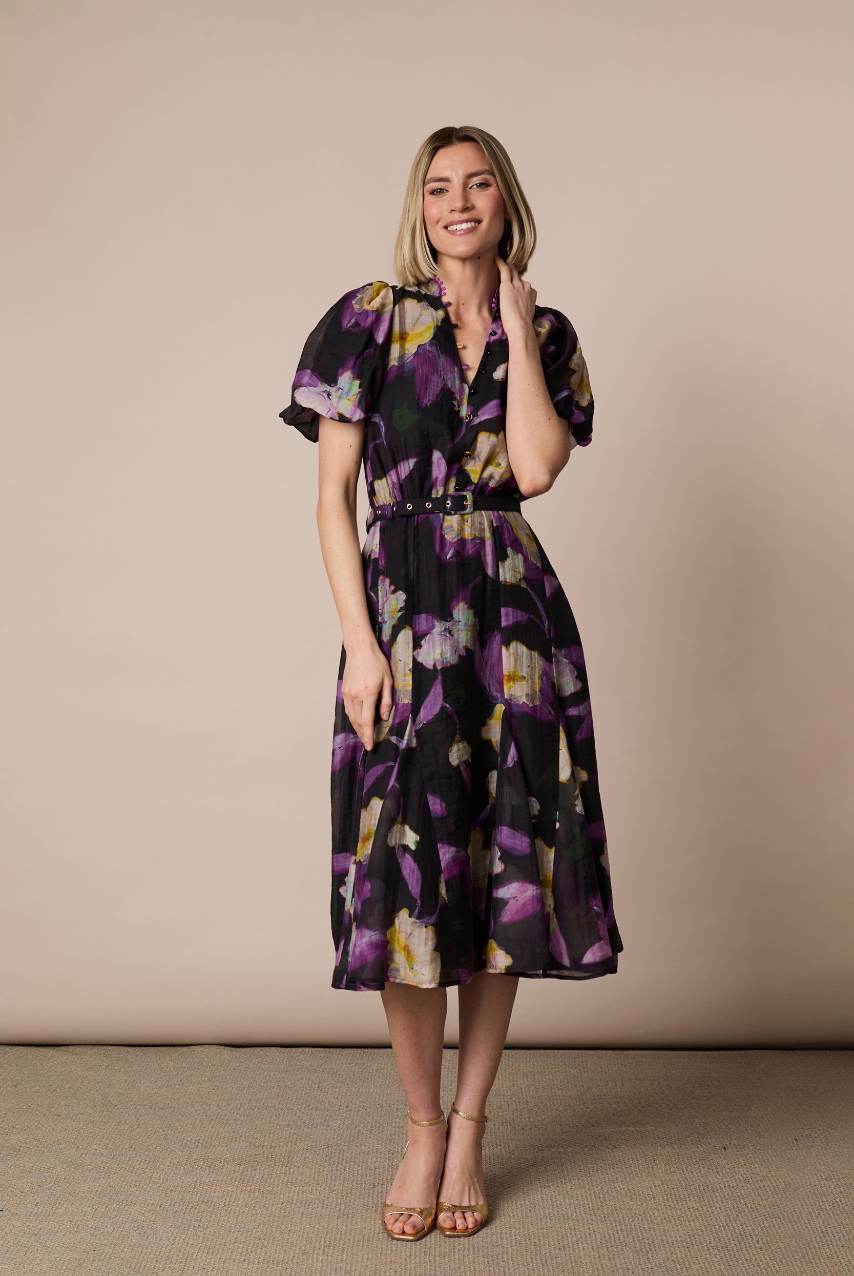 Fee G Emily black purple floral midi dress with waist belt