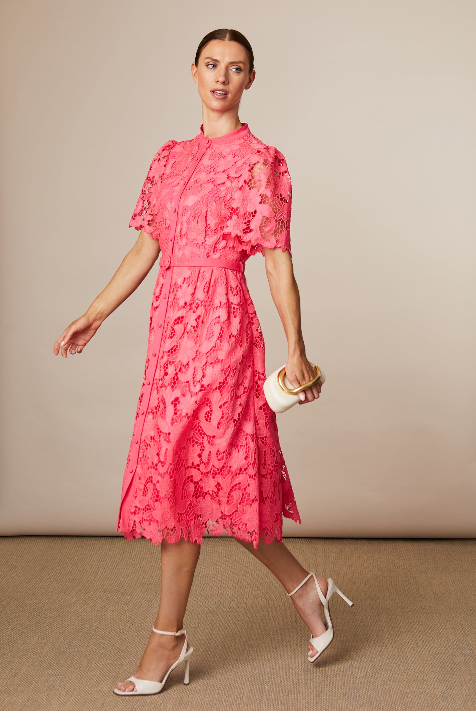 Fee G Regina long pink lace occasion dress front view