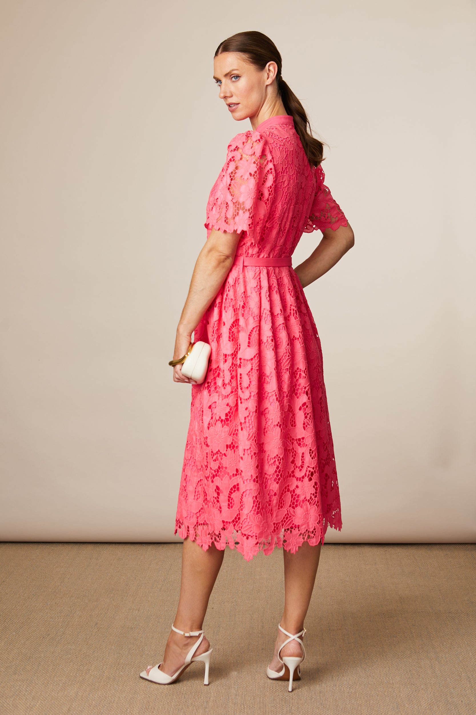 Fee G Regina floral lace midi dress pink back view