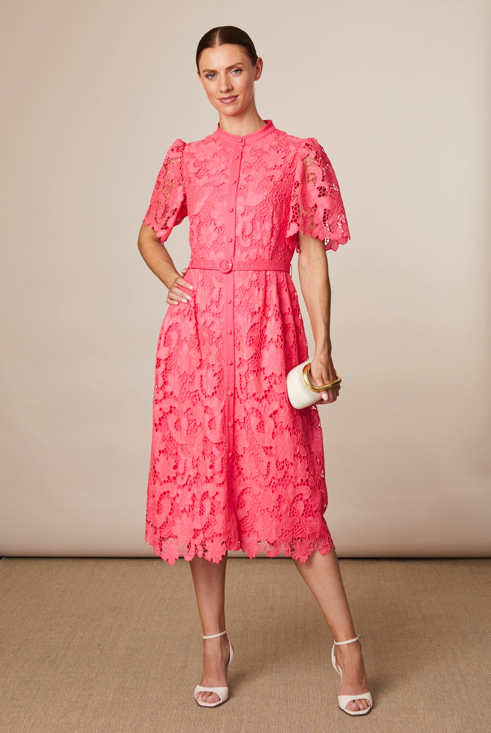 Fee G Regina pink lace midi dress with belted waist