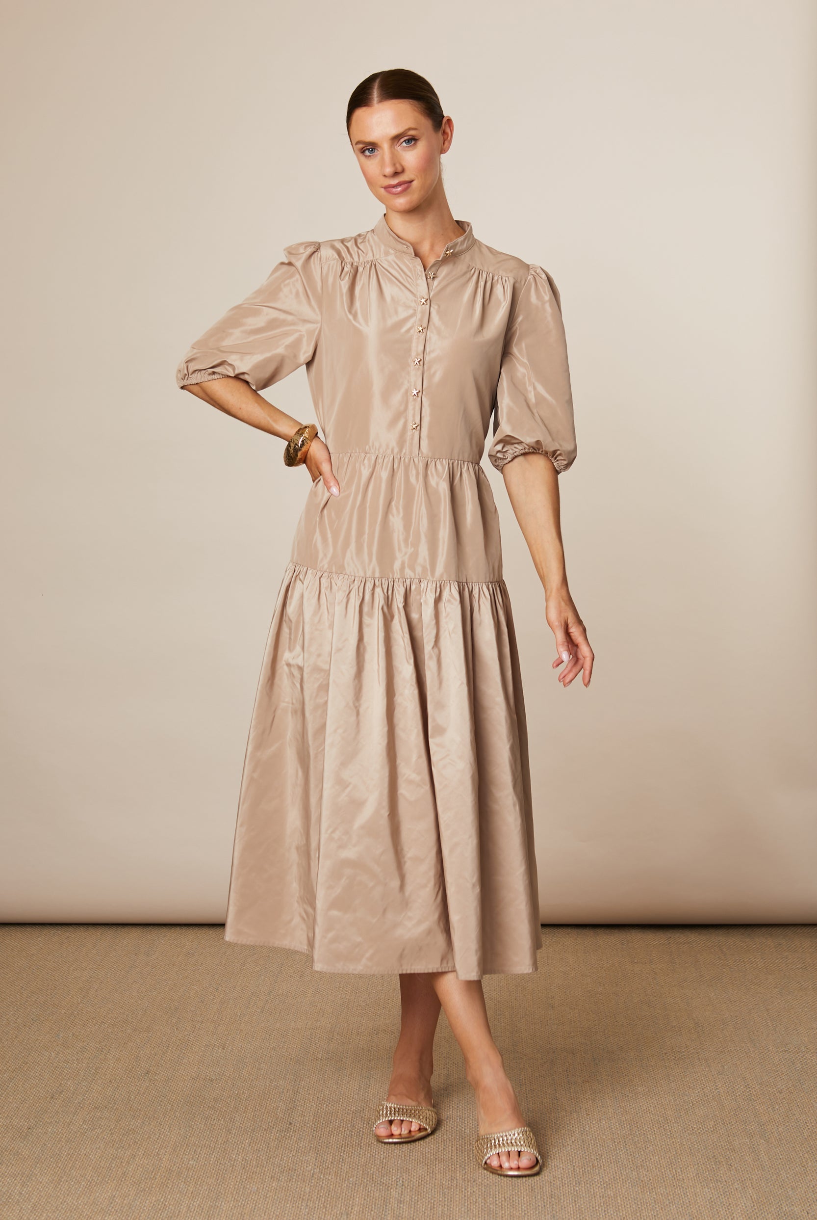 Fee G Marley beige taffeta tiered midi shirt dress front view