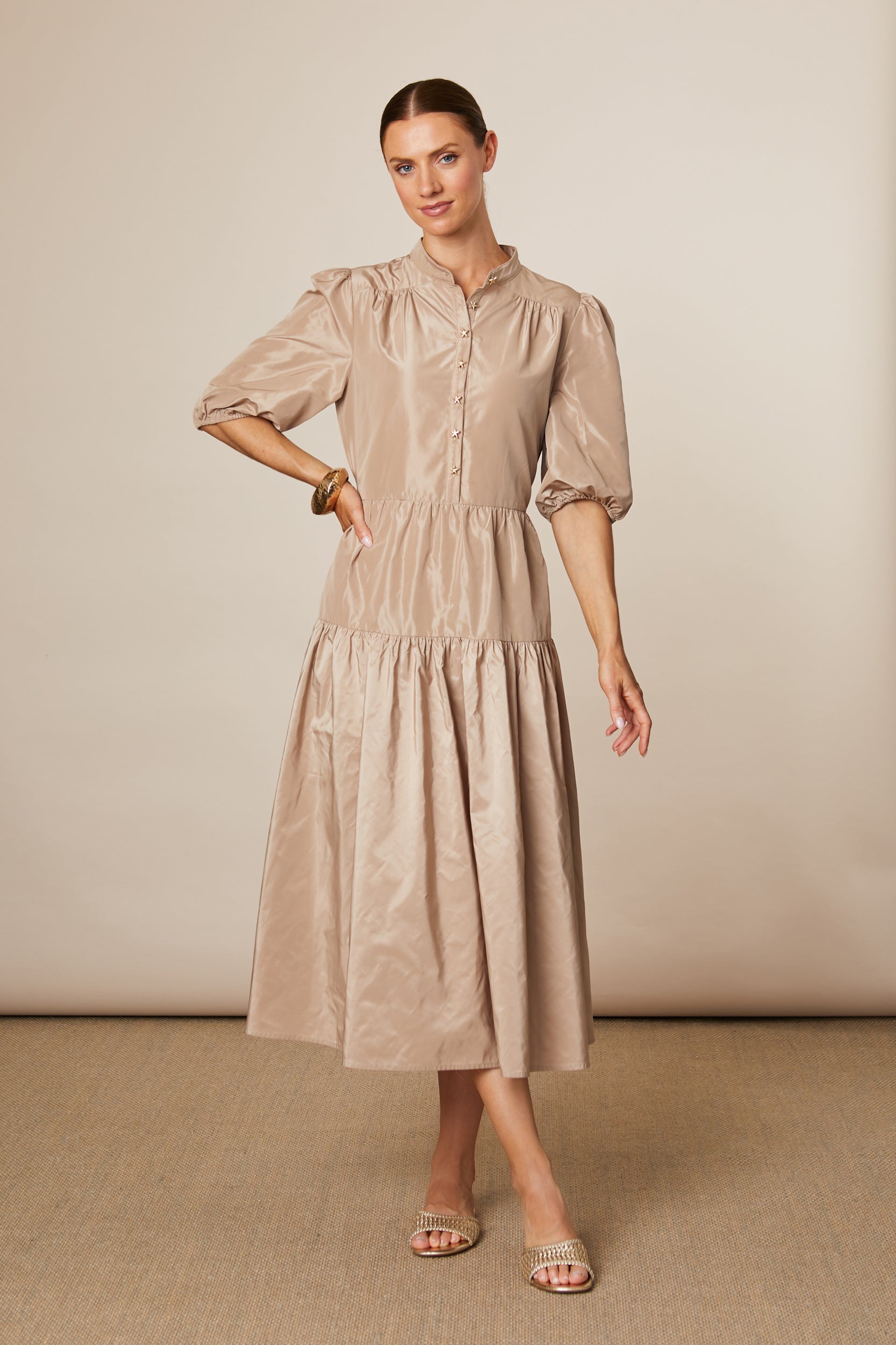 Fee G Marley beige taffeta tiered midi shirt dress front view