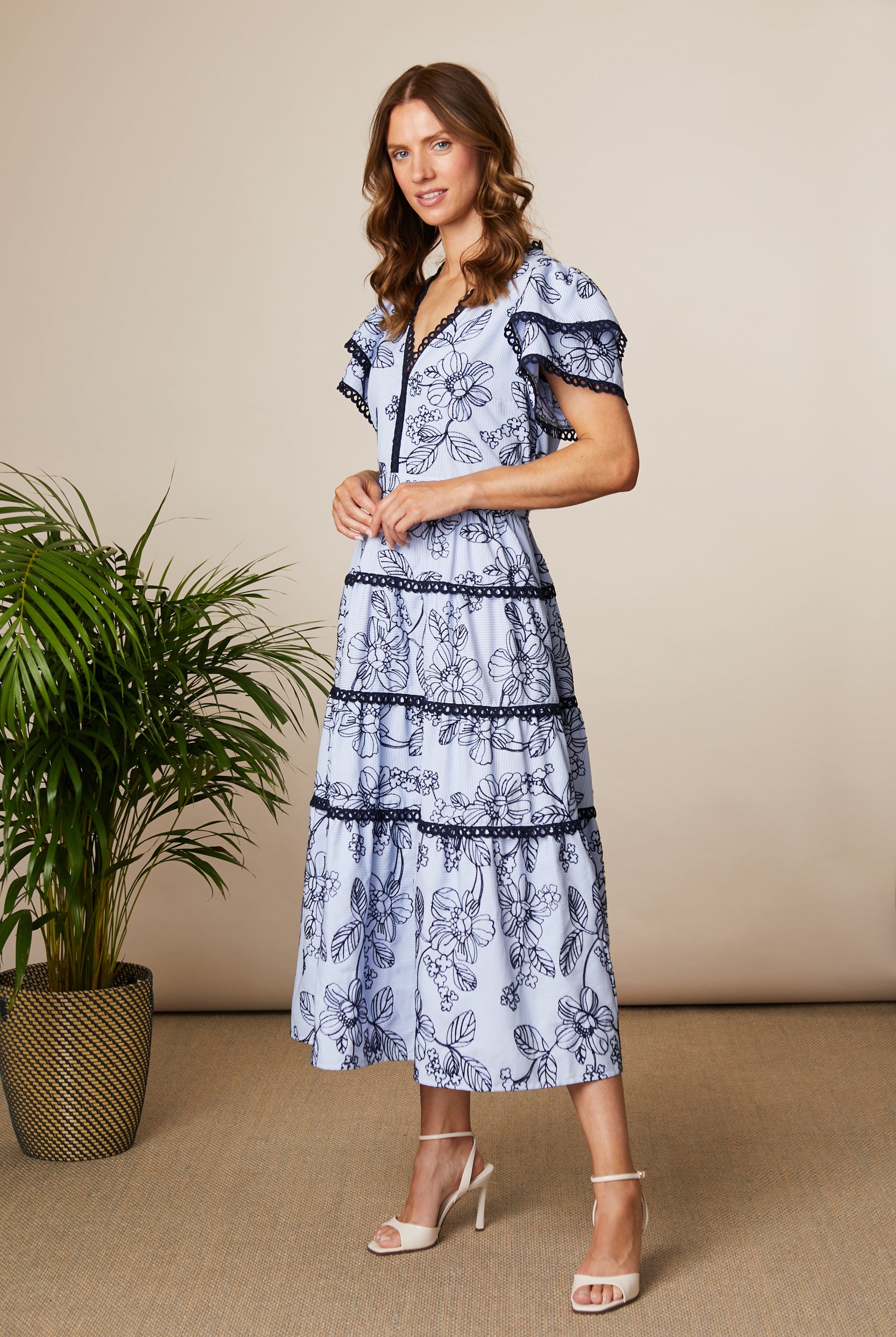 Fee G Lyra tiered floral midi dress with ruffle sleeves