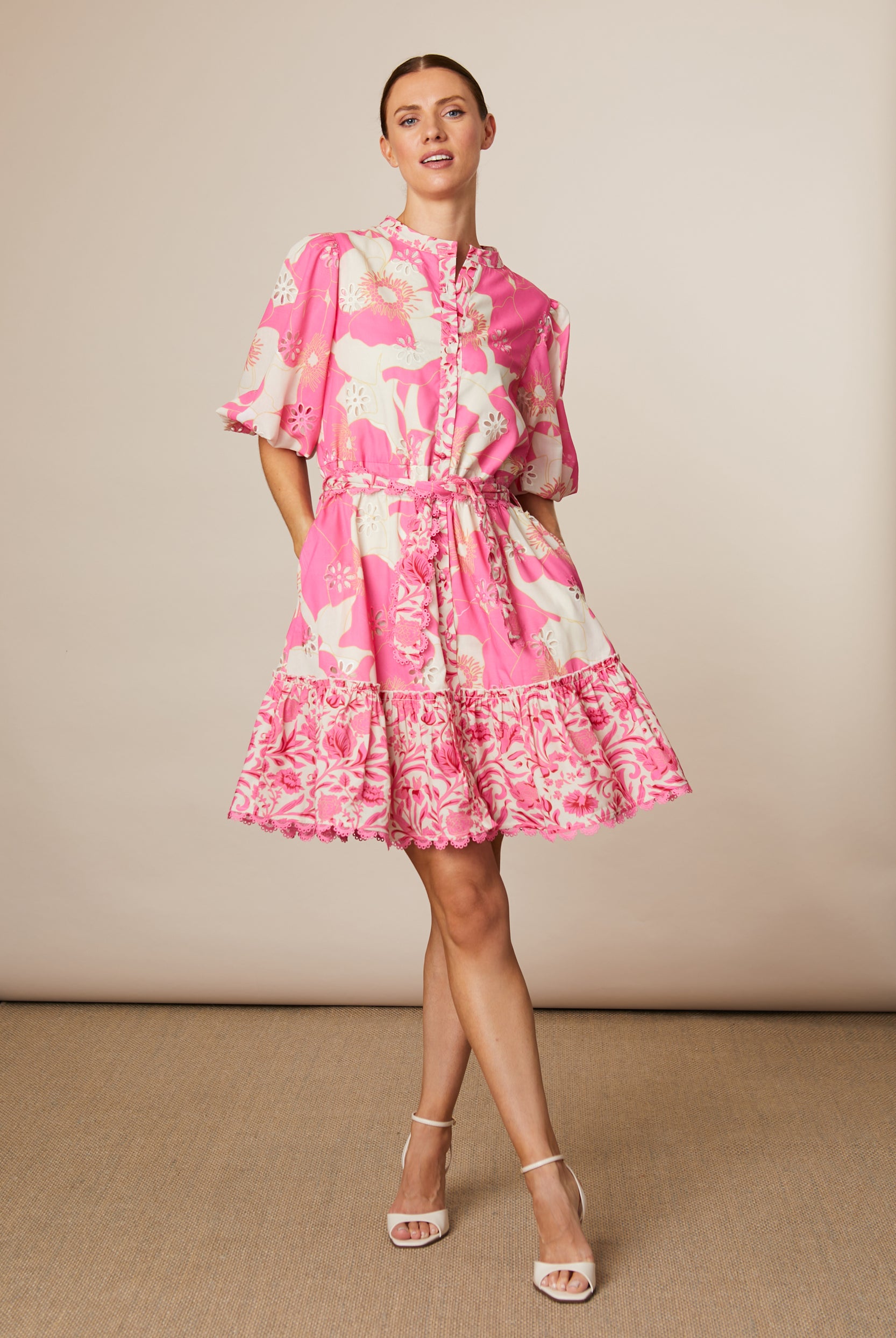 Fee G Eve pink floral mini dress front view with puff sleeves