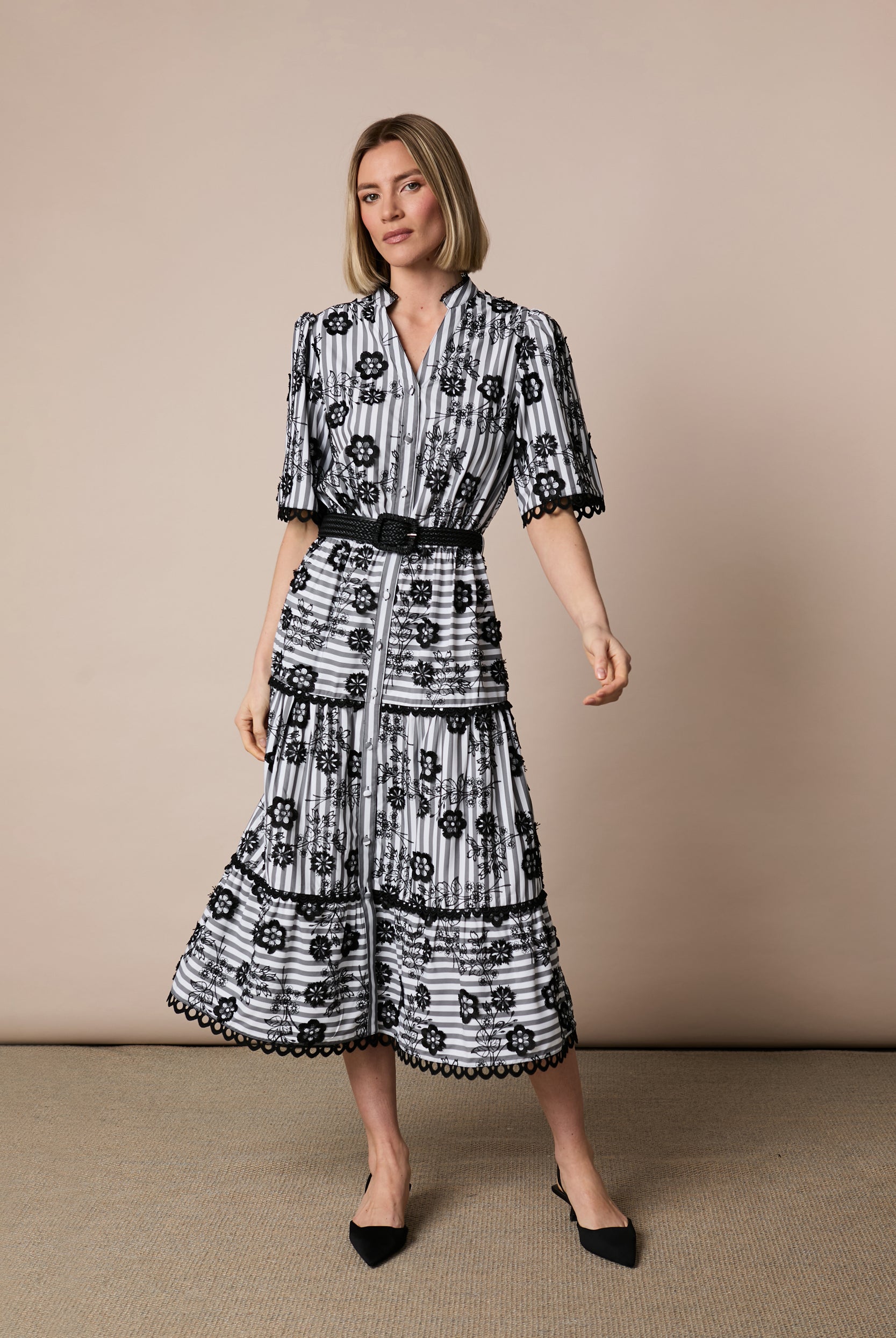 Fee G June black and white stripe tiered midi dress front view