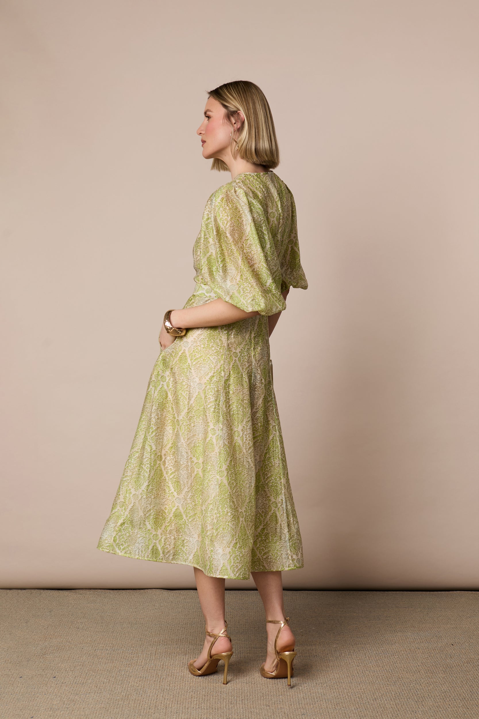Fee G Kate green paisley wedding guest midi dress front view