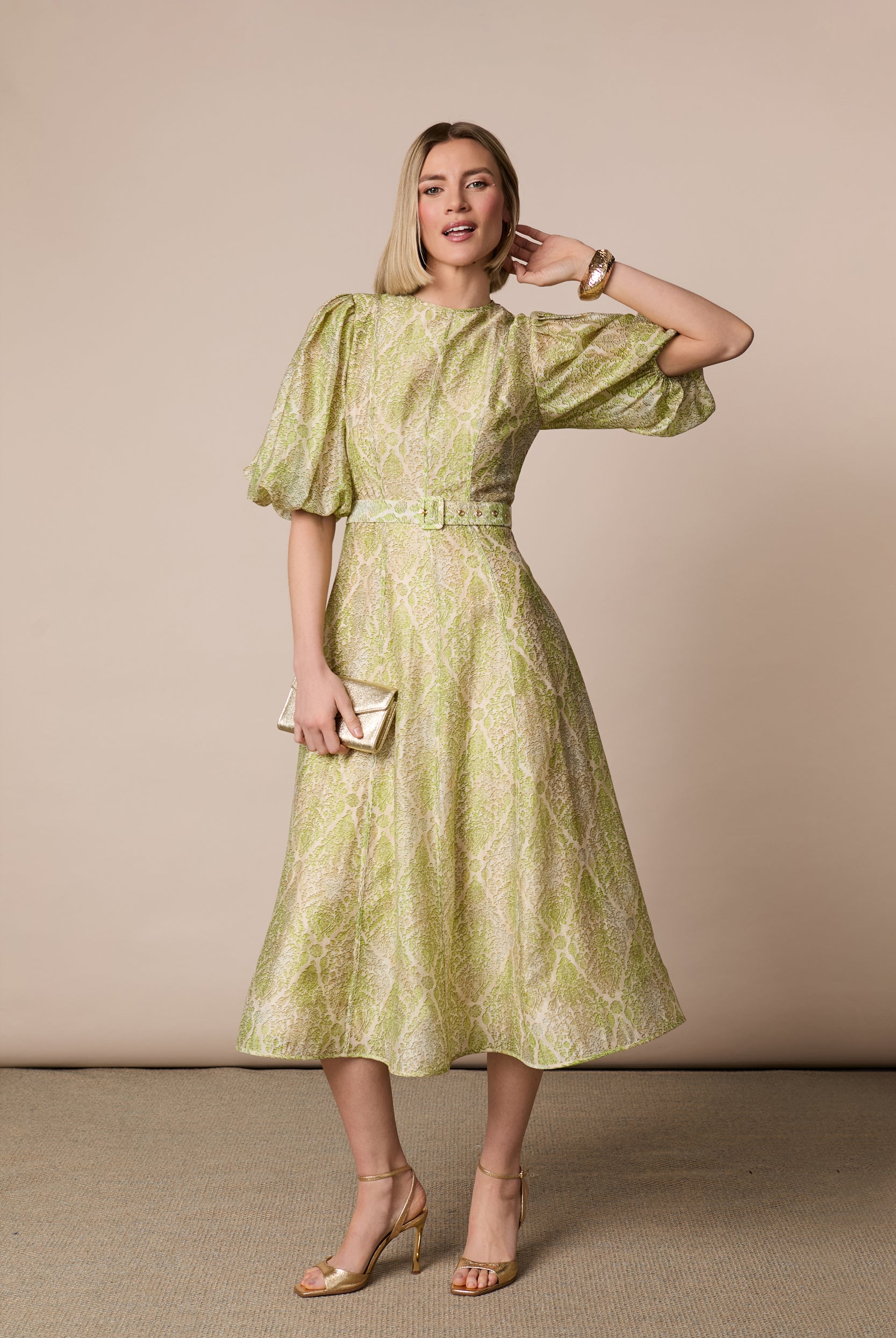 Fee G Kate green paisley puff sleeve midi dress styled with gold accessories