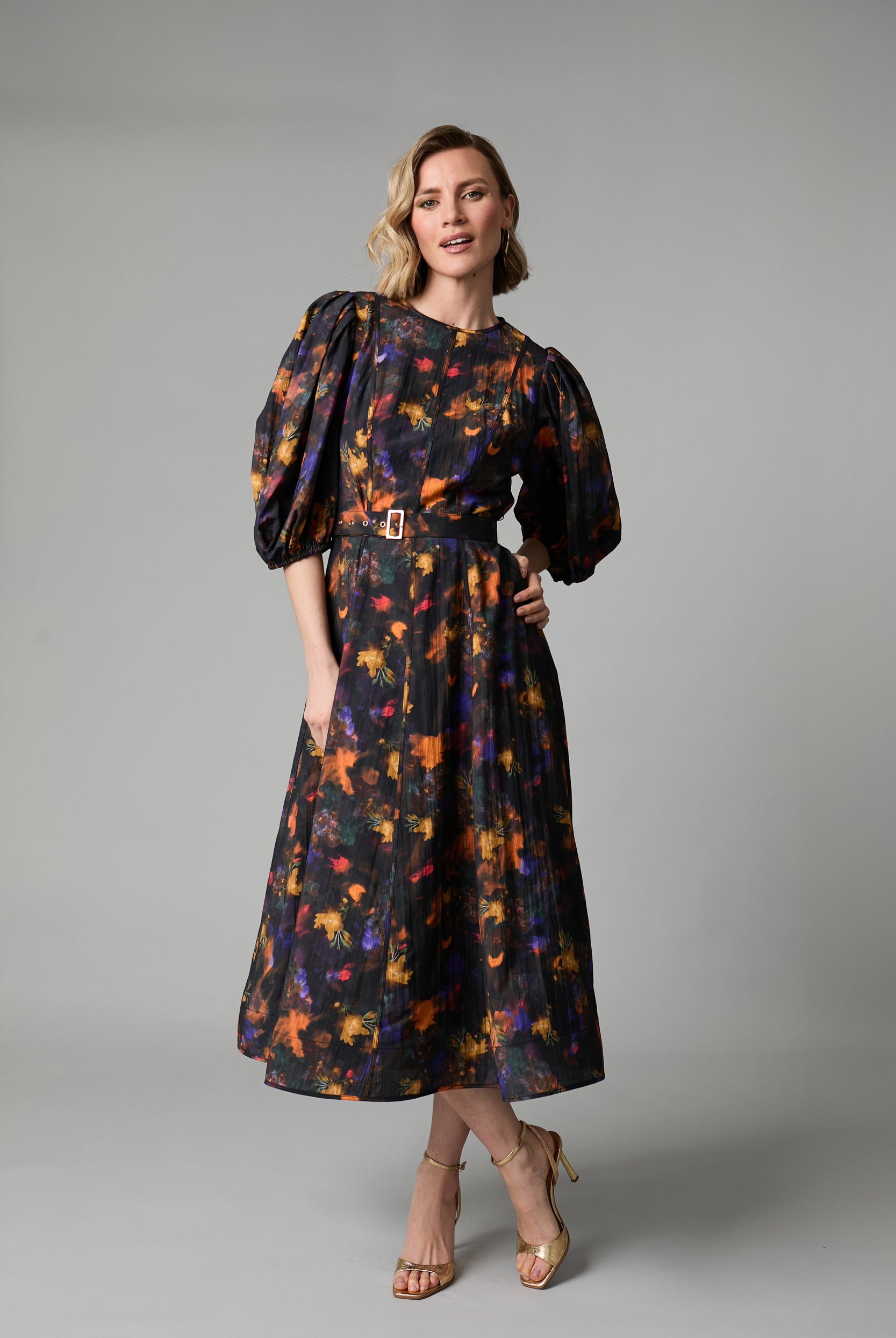 Fee G Kate black floral puff sleeve belted midi dress for occasions
