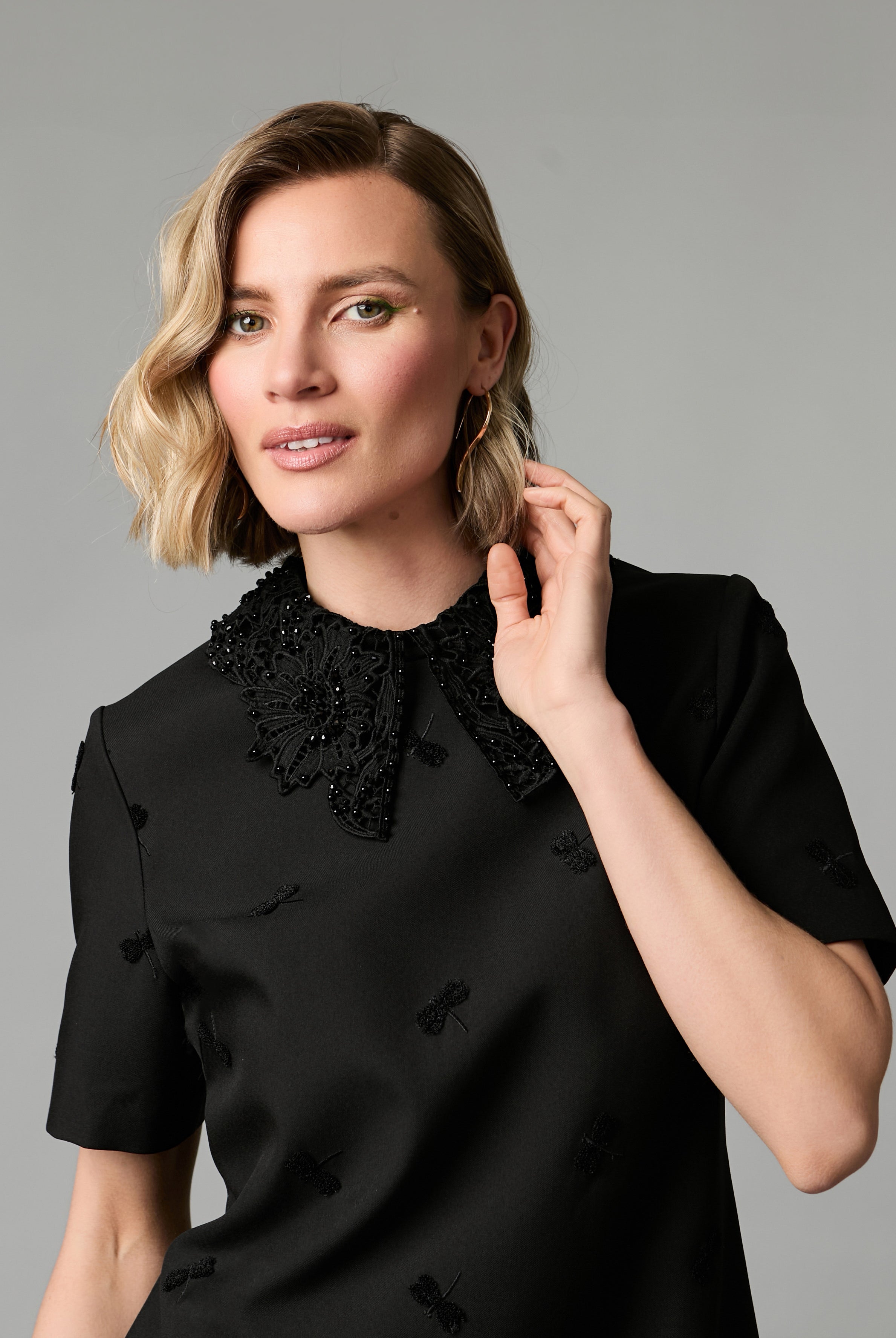 Fee G Dragonfly dress beaded lace collar and textured detail