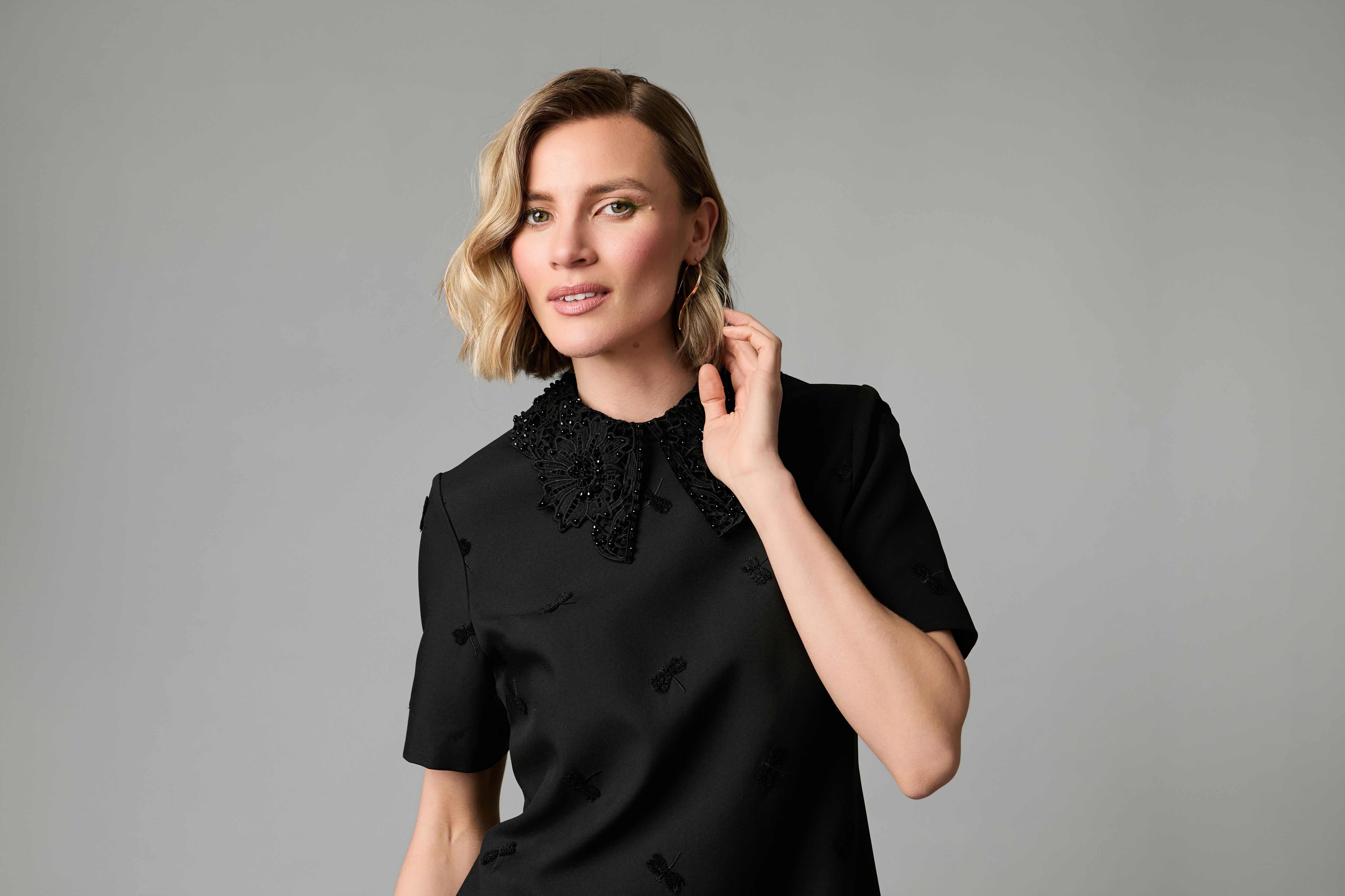 Fee G Dragonfly dress beaded lace collar and textured detail