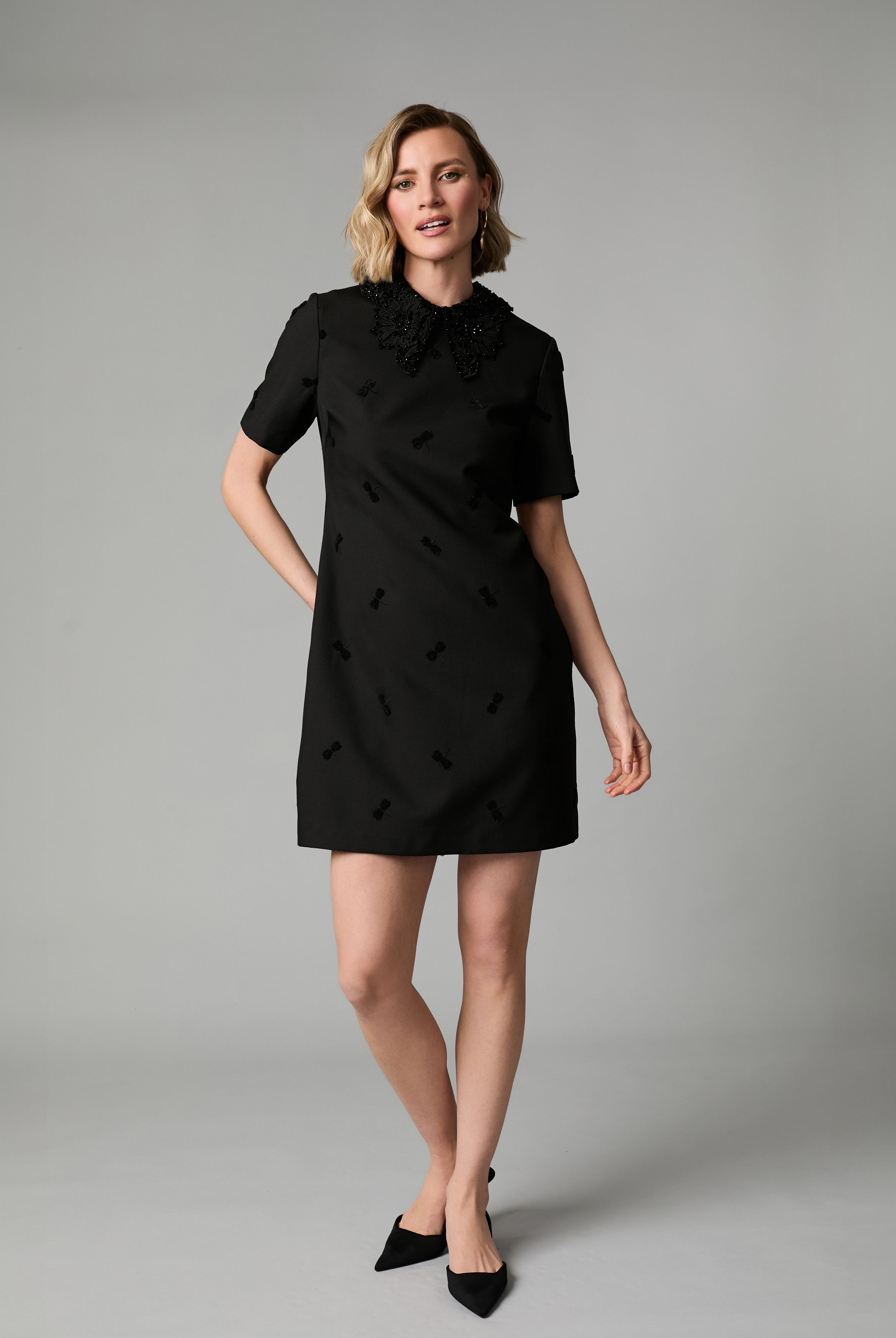 Fee G Dragonfly black mini dress with detachable beaded collar front view