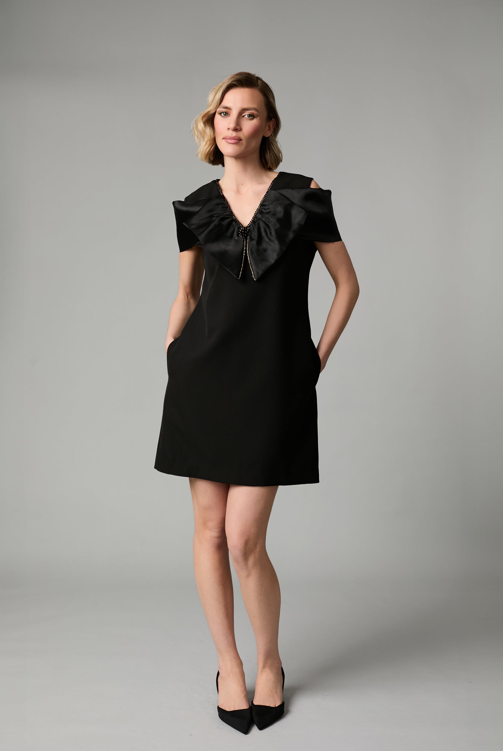 Fee G Coco black bow shoulder mini occasion dress front view