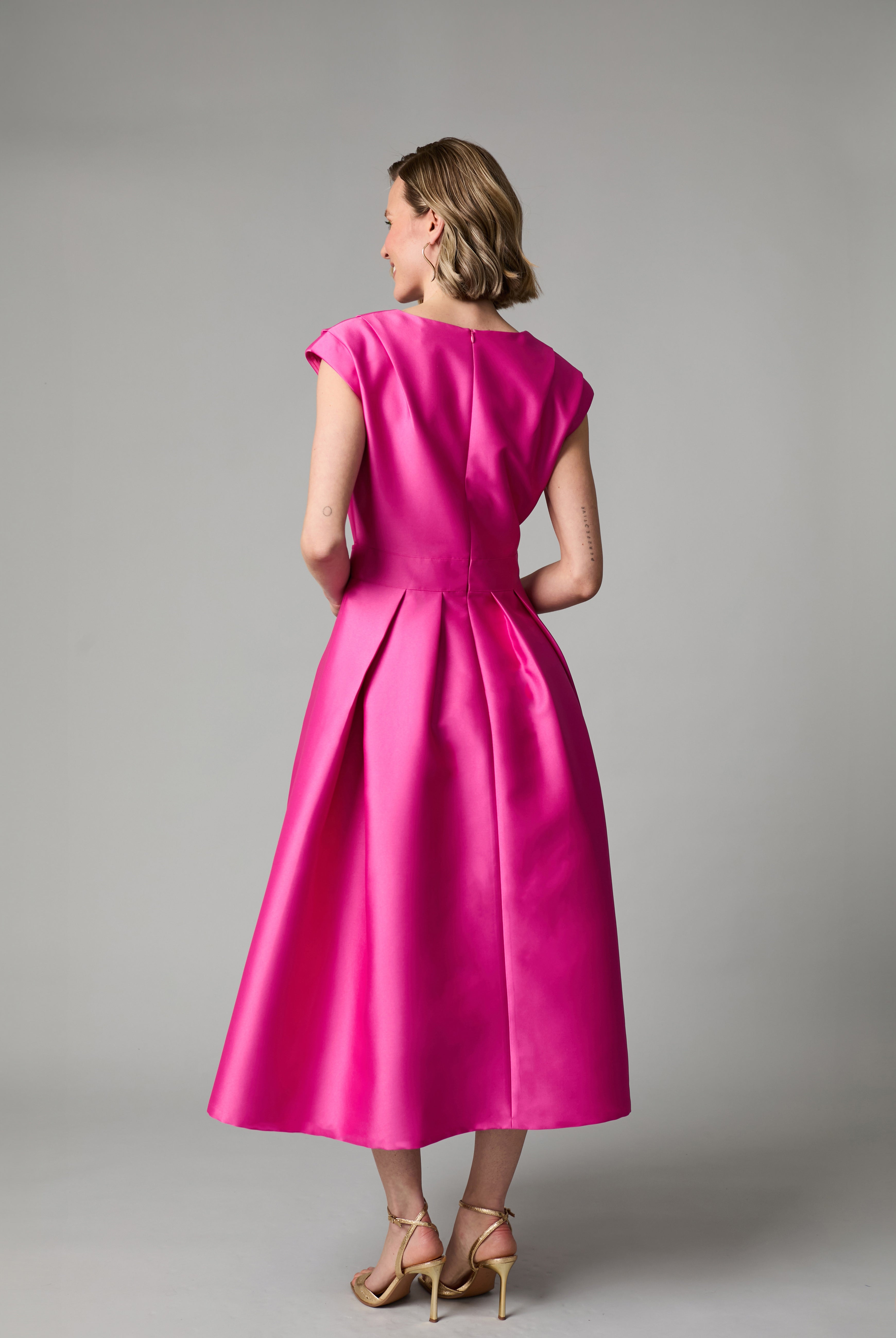 Fee G Grace pink full skirt midi occasion dress back view