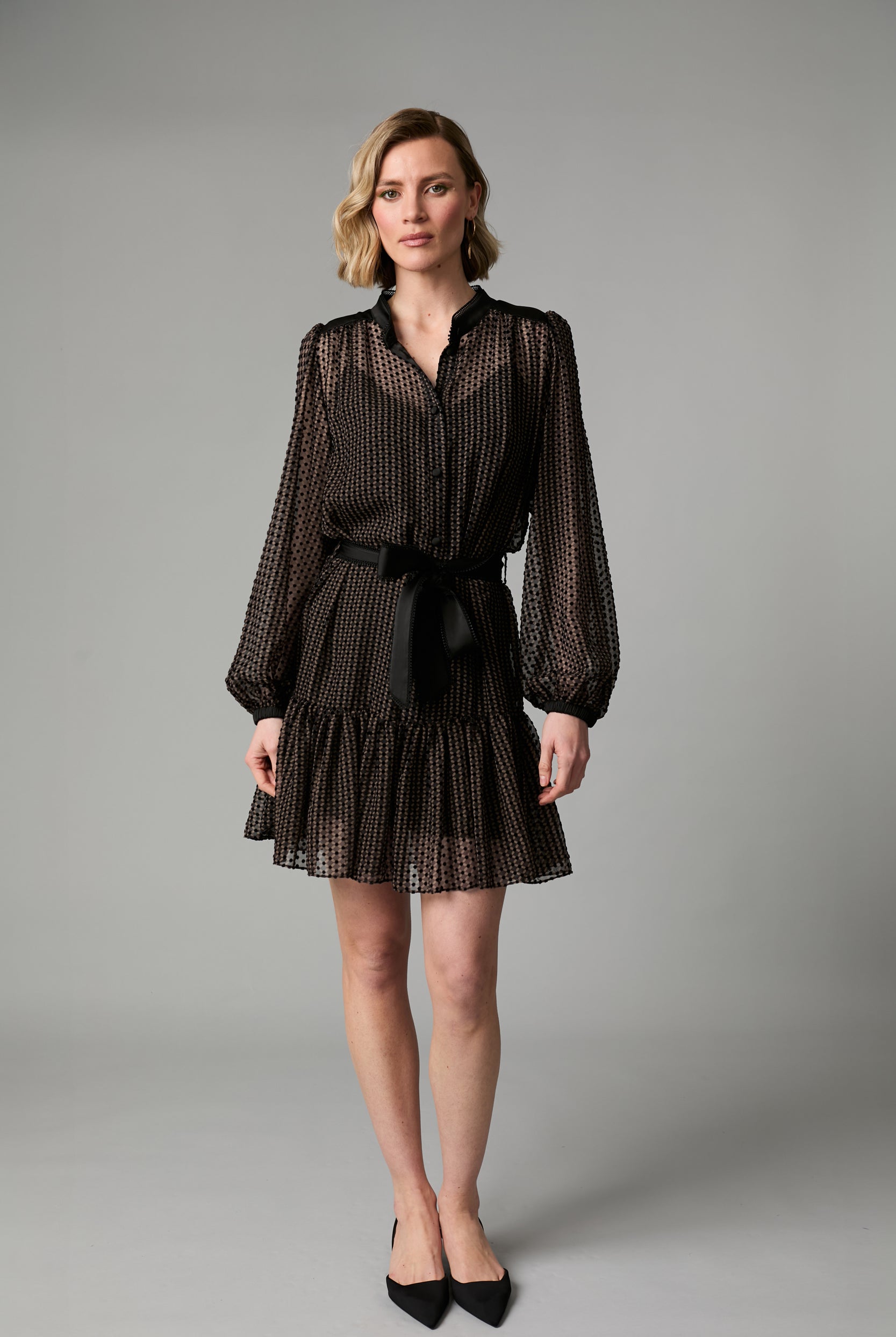 Fee G Harriet black velvet spot mini dress with satin belt
