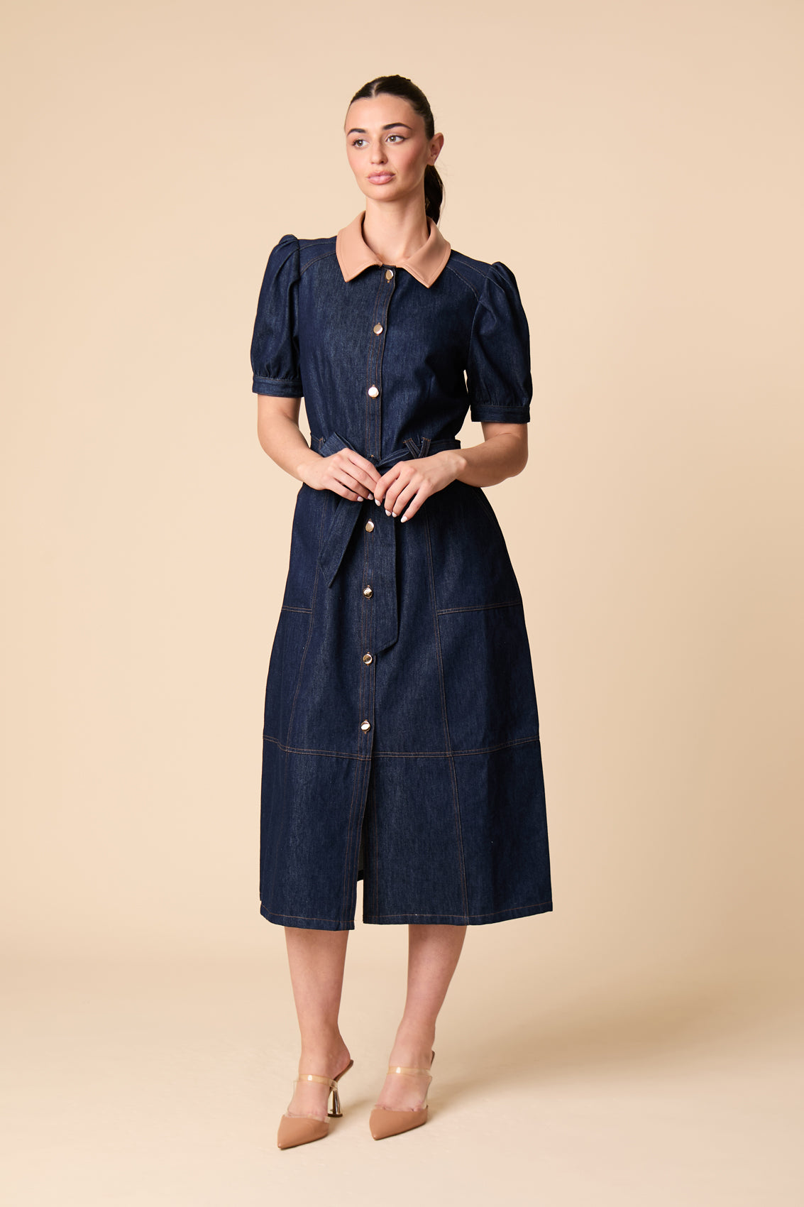 Front view of Fee G Ivy indigo denim midi shirt dress