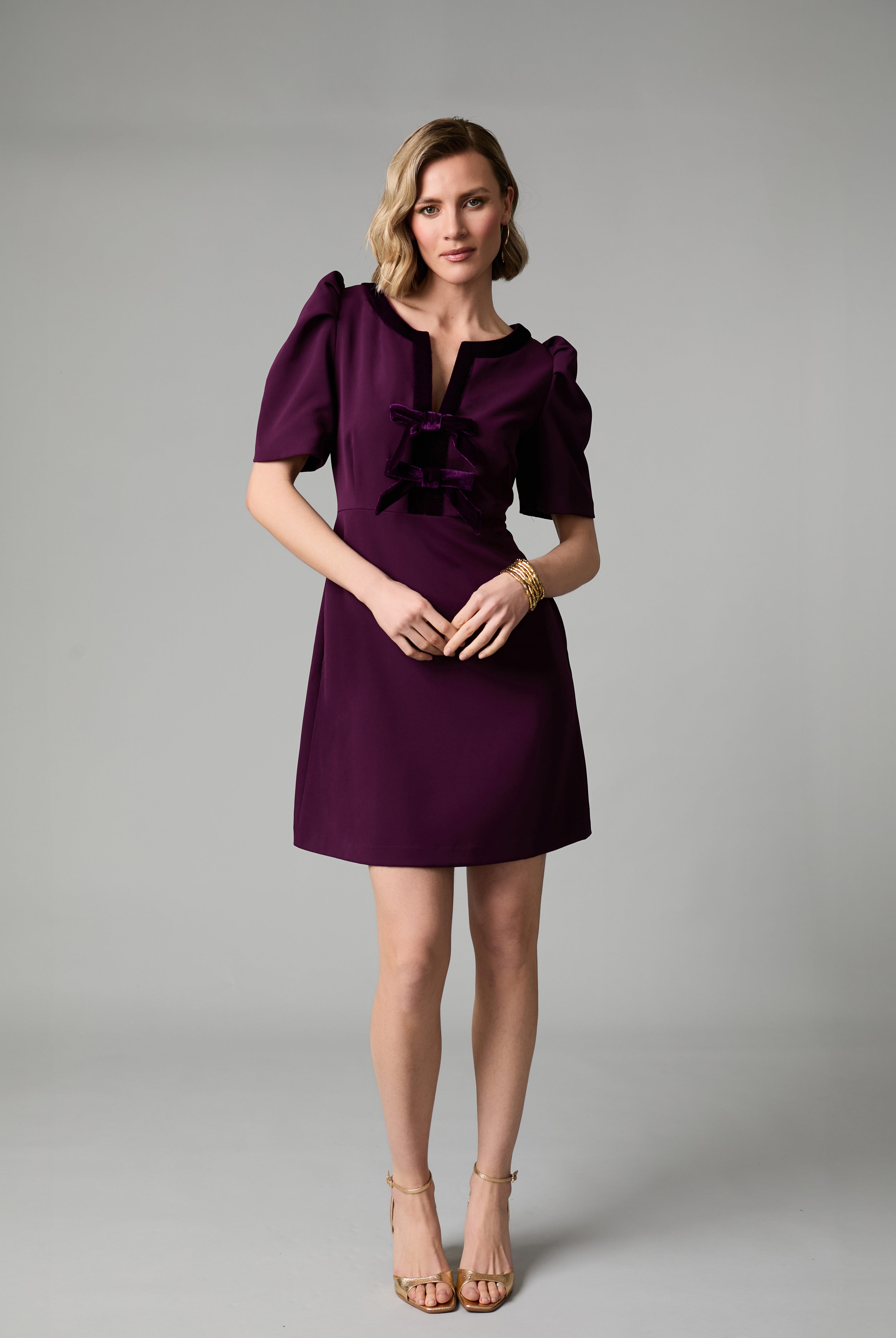Fee G Sara velvet bow detail puff sleeve mini dress in burgundy