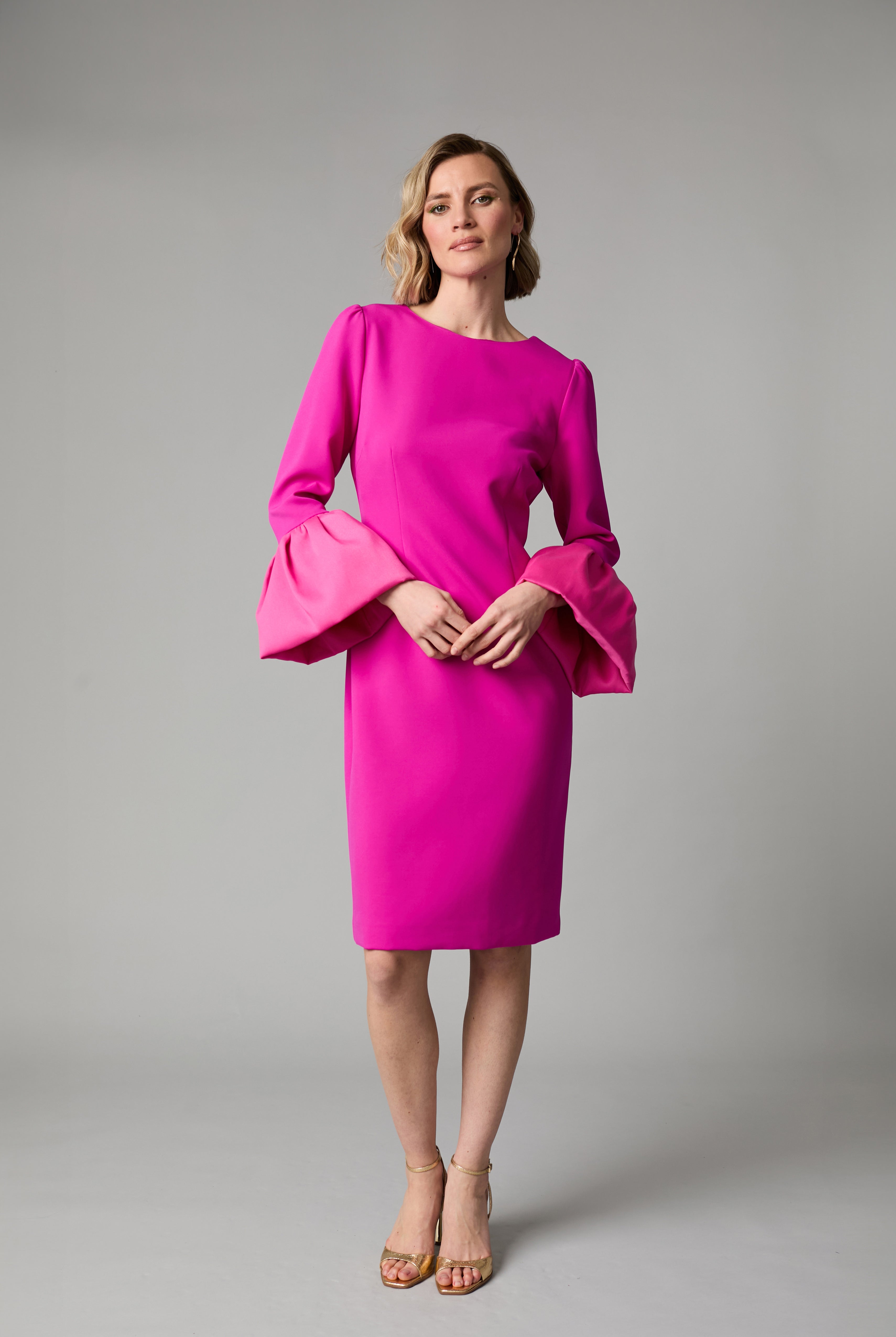 Fee G Julianna pink bell sleeve midi occasion dress front view