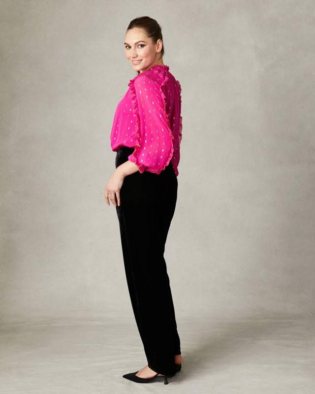 Fuchsia blouse with ruffle sleeves and tie neckline by Fee G