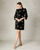 Fee G Astrid puff sleeve black velvet mini dress with beaded details