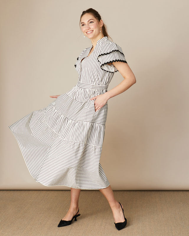 Occasion a-line midi dress with shimmer details and bold stripes by Fee G