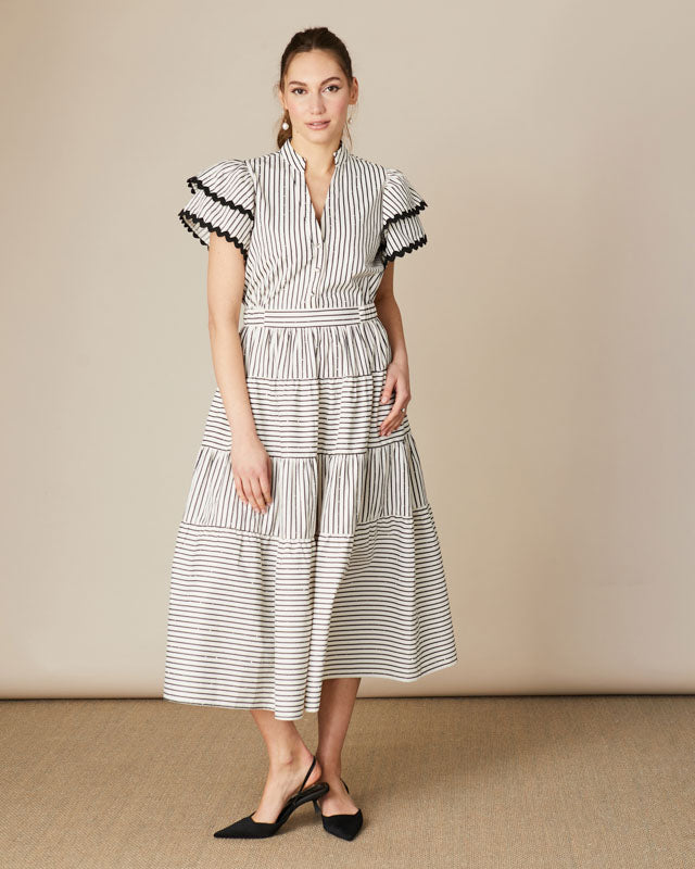 Fee G Zoe striped midi dress with ruffle sleeves and tiered long skirt