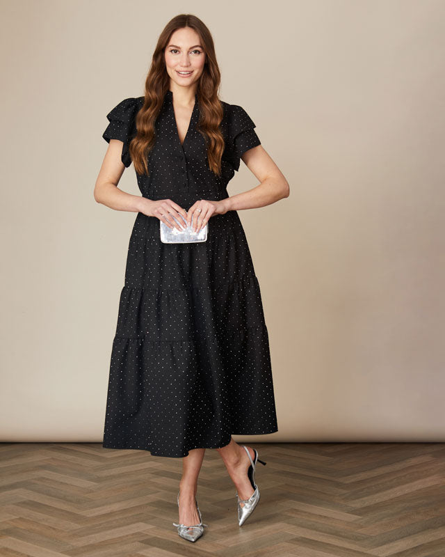 Fee G Zoe Black Flowing Tiered Midi Dress.