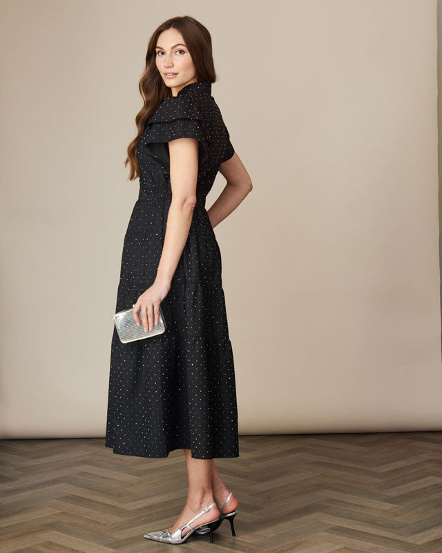 Back of Fee G Zoe black midi dress with silver hot fix sparkle detail.