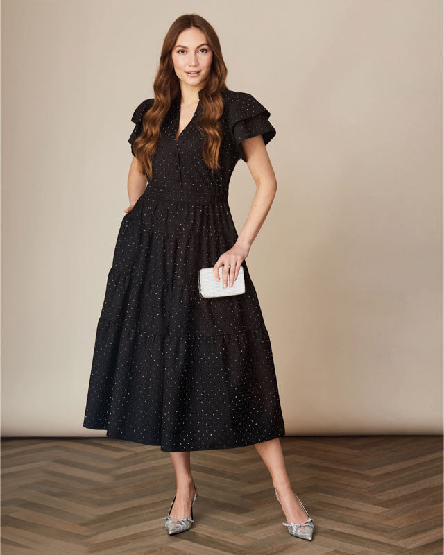 Fee G Zoe black midi dress with silver hot fix sparkle detail.