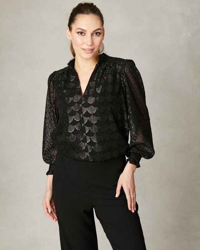 Fee G Lily dragonscale jacquard dressy blouse in black with lurex shimmer