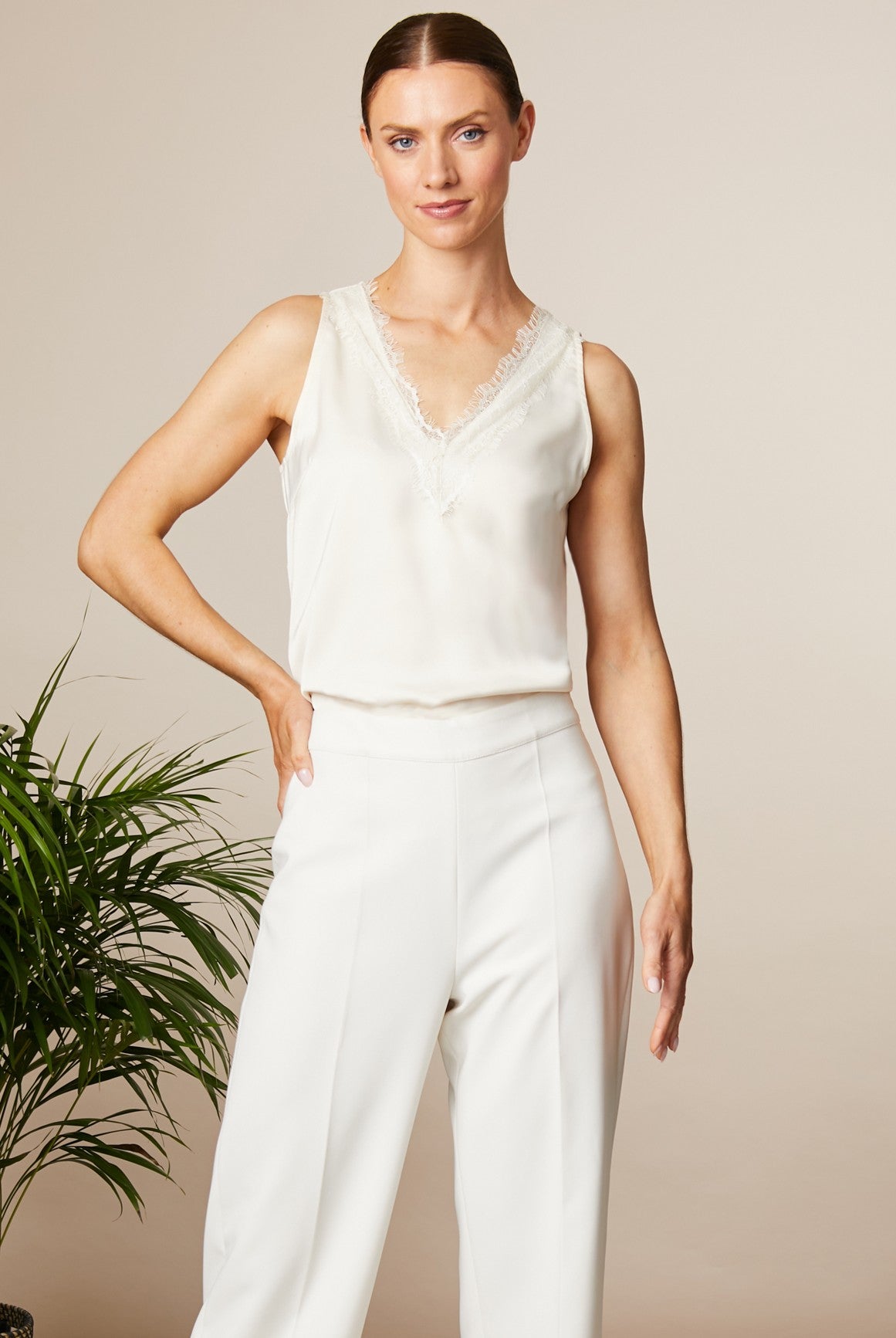 Fee G cream silky lace trim vest top sleeveless V-neck