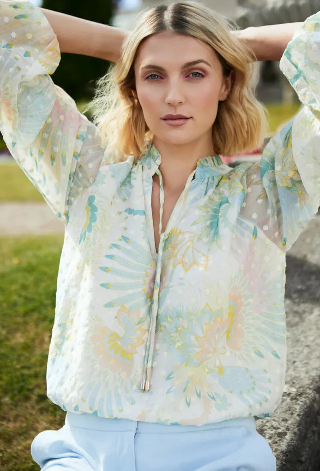 Fee G Violet Soft Floral Print Chiffon Blouse neckline detail