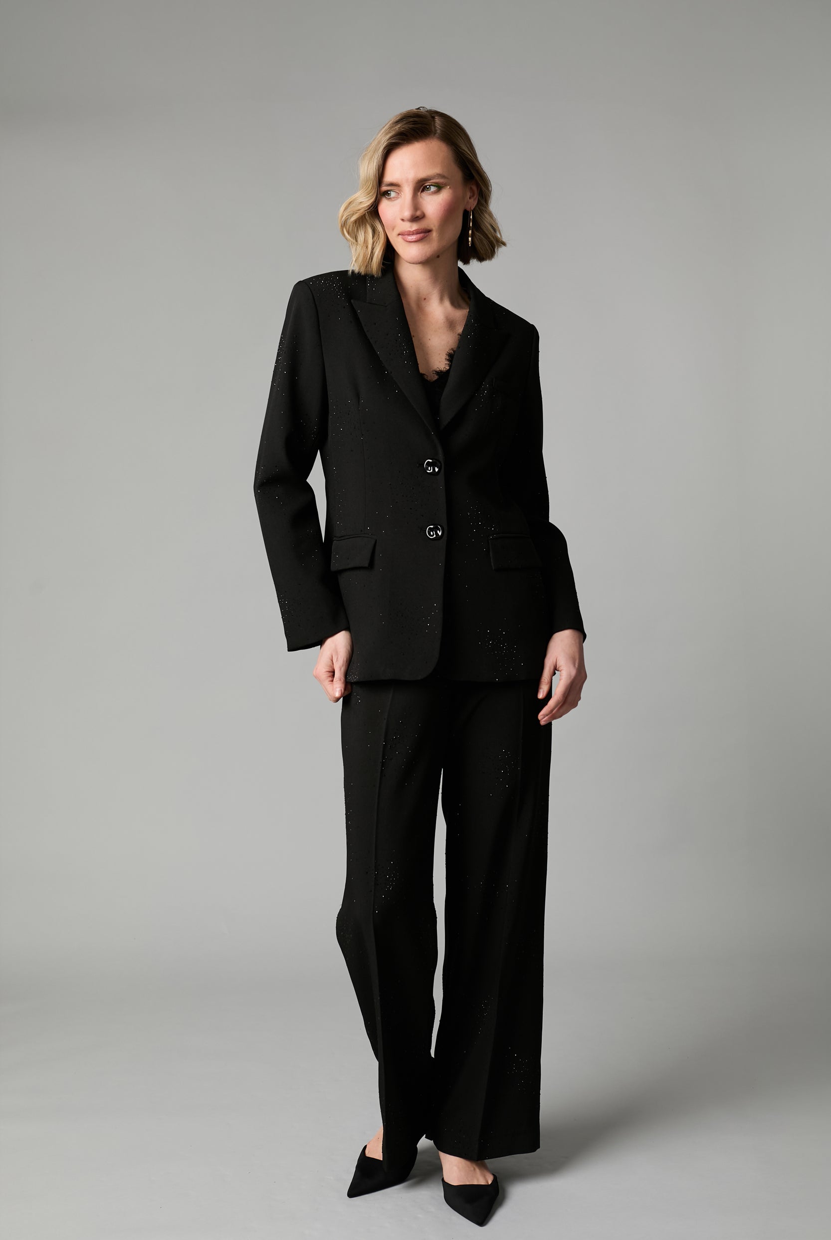 Fee G black crystal embellished waistcoat styled with matching black sparkly blazer