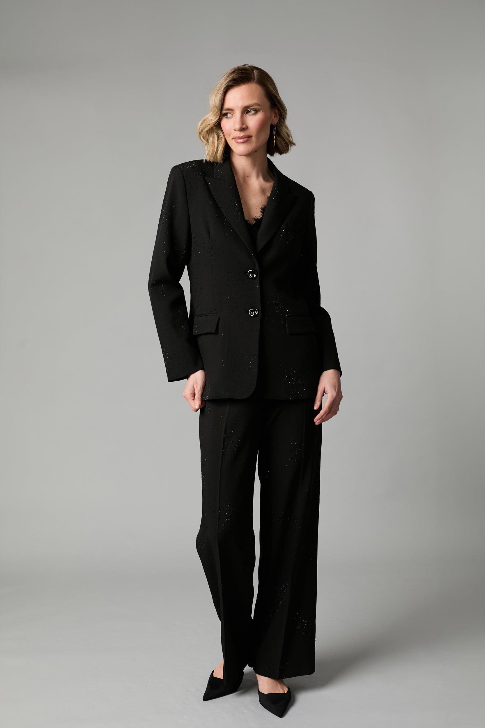 Fee G black crystal embellished waistcoat styled with matching black sparkly blazer
