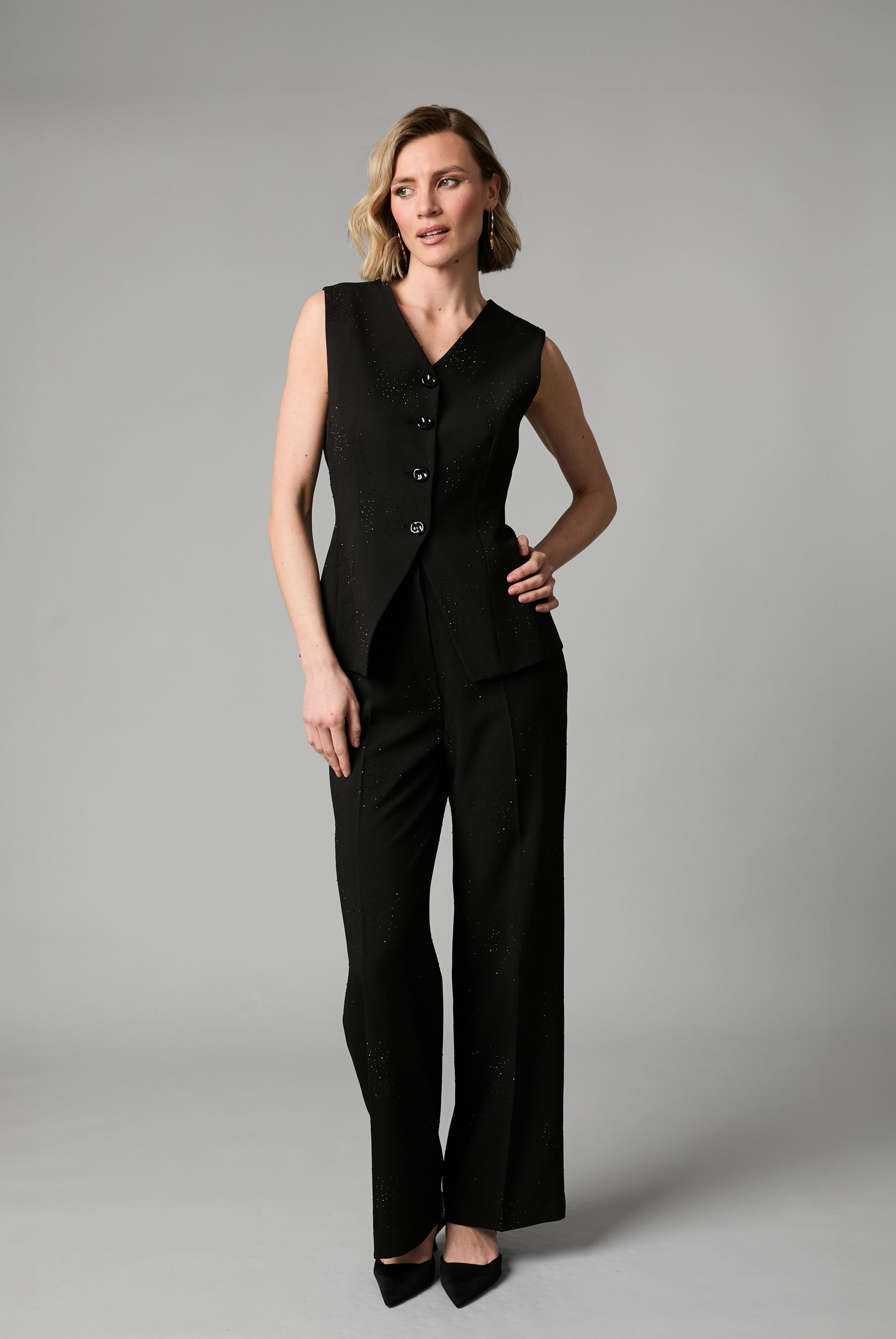 Fee G black sparkly fitted waistcoat full-length front view
