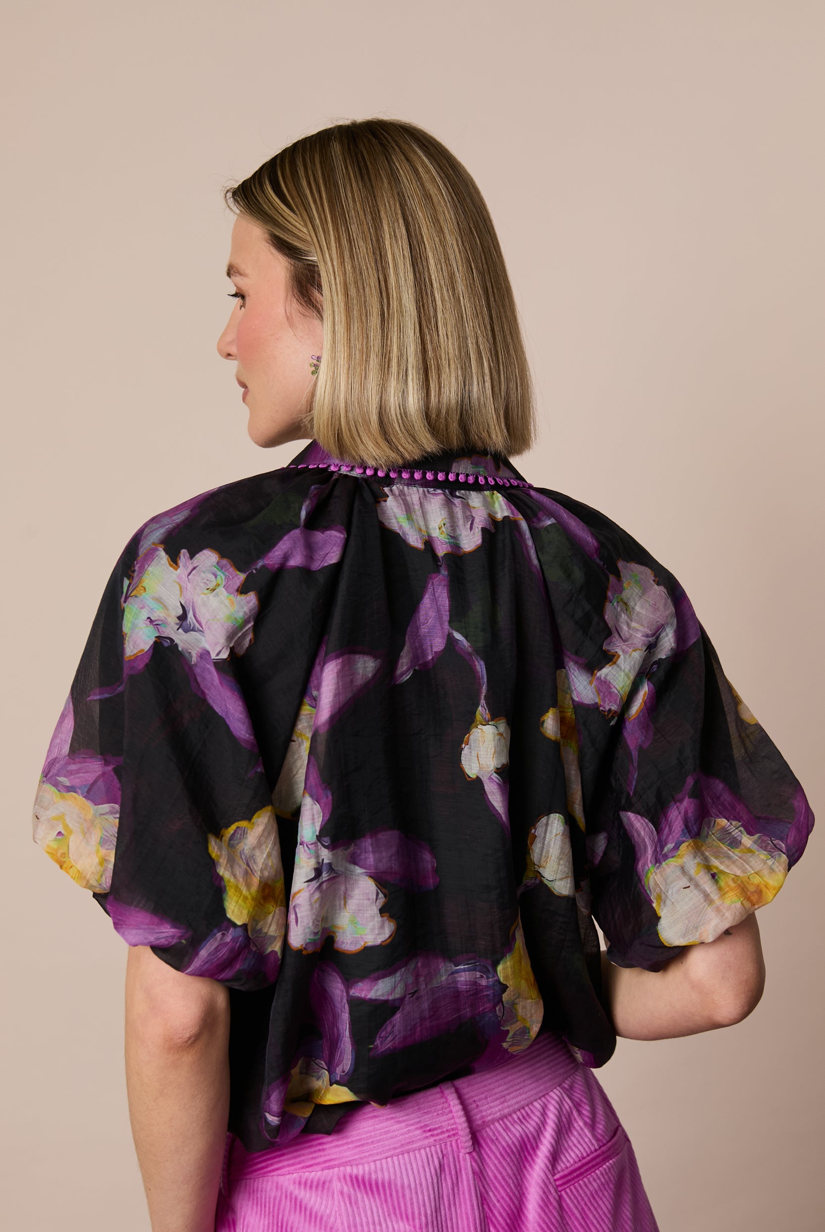Back view of Fee G Dee floral print volume sleeve blouse