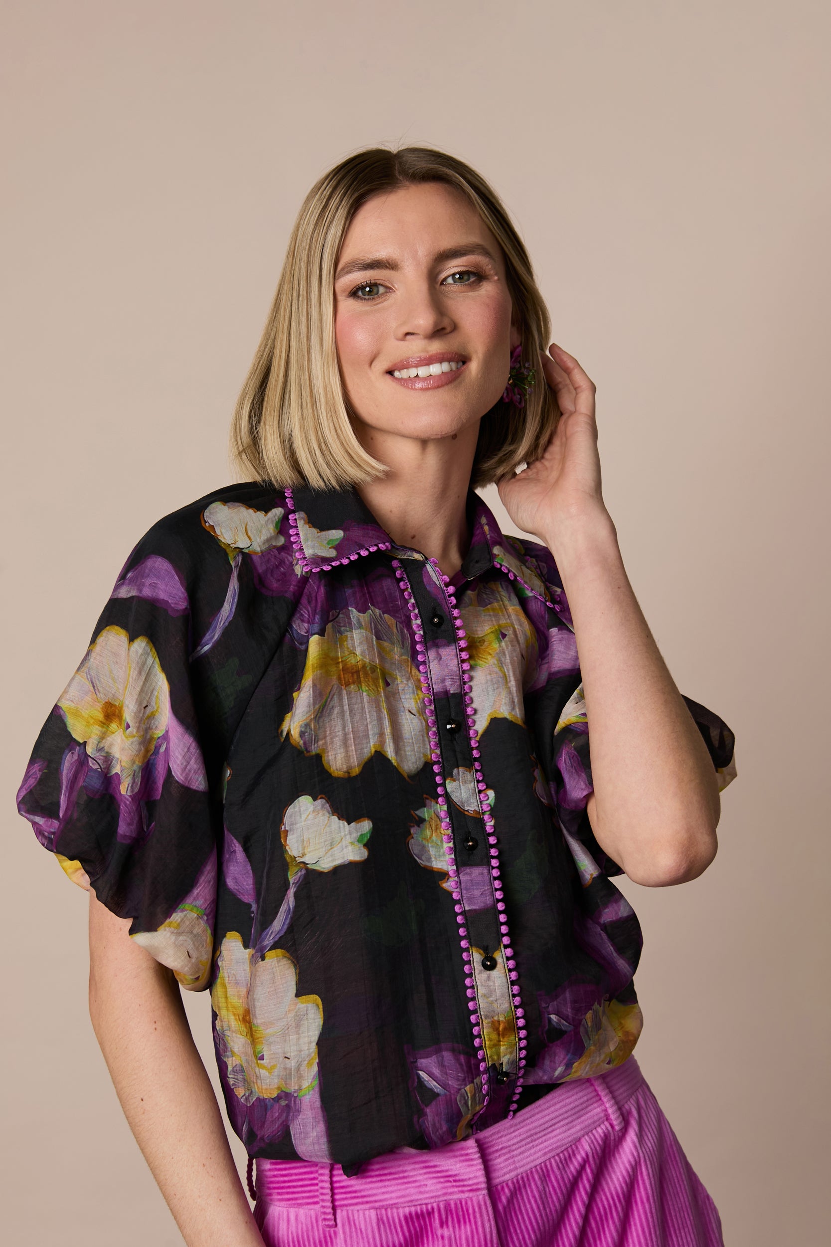 Fee G Dee purple floral print volume sleeve blouse