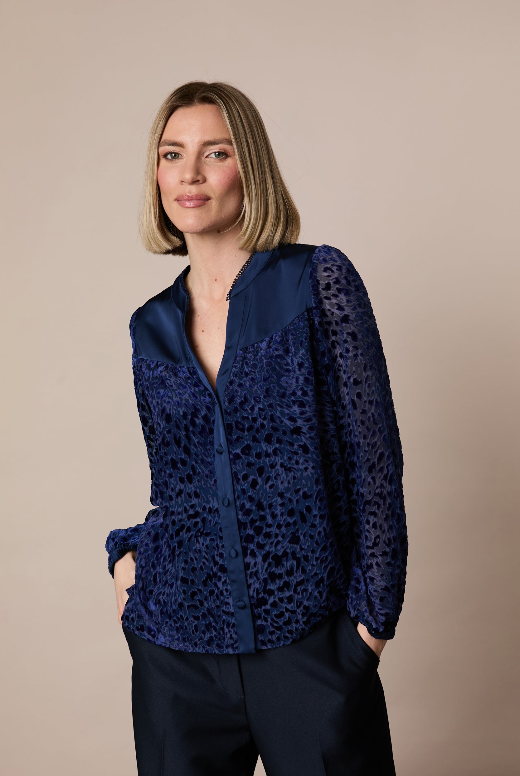 Fee G Elise navy devoré animal print blouse angled front view
