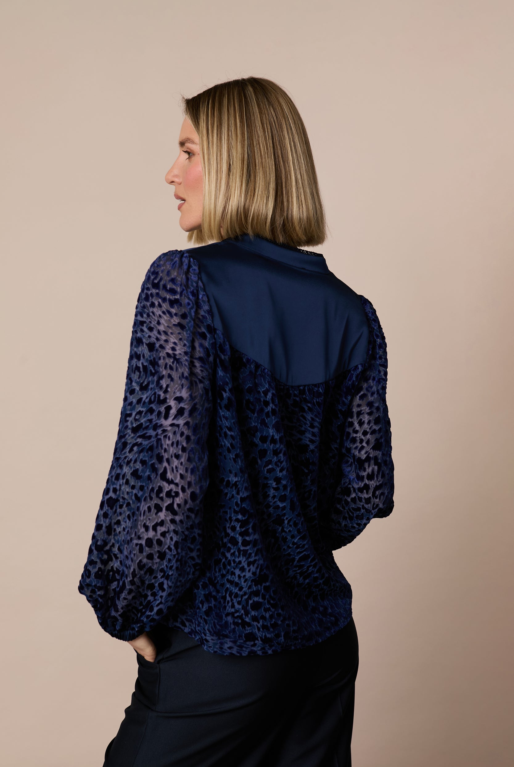 Fee G Elise navy velvet animal print blouse back view