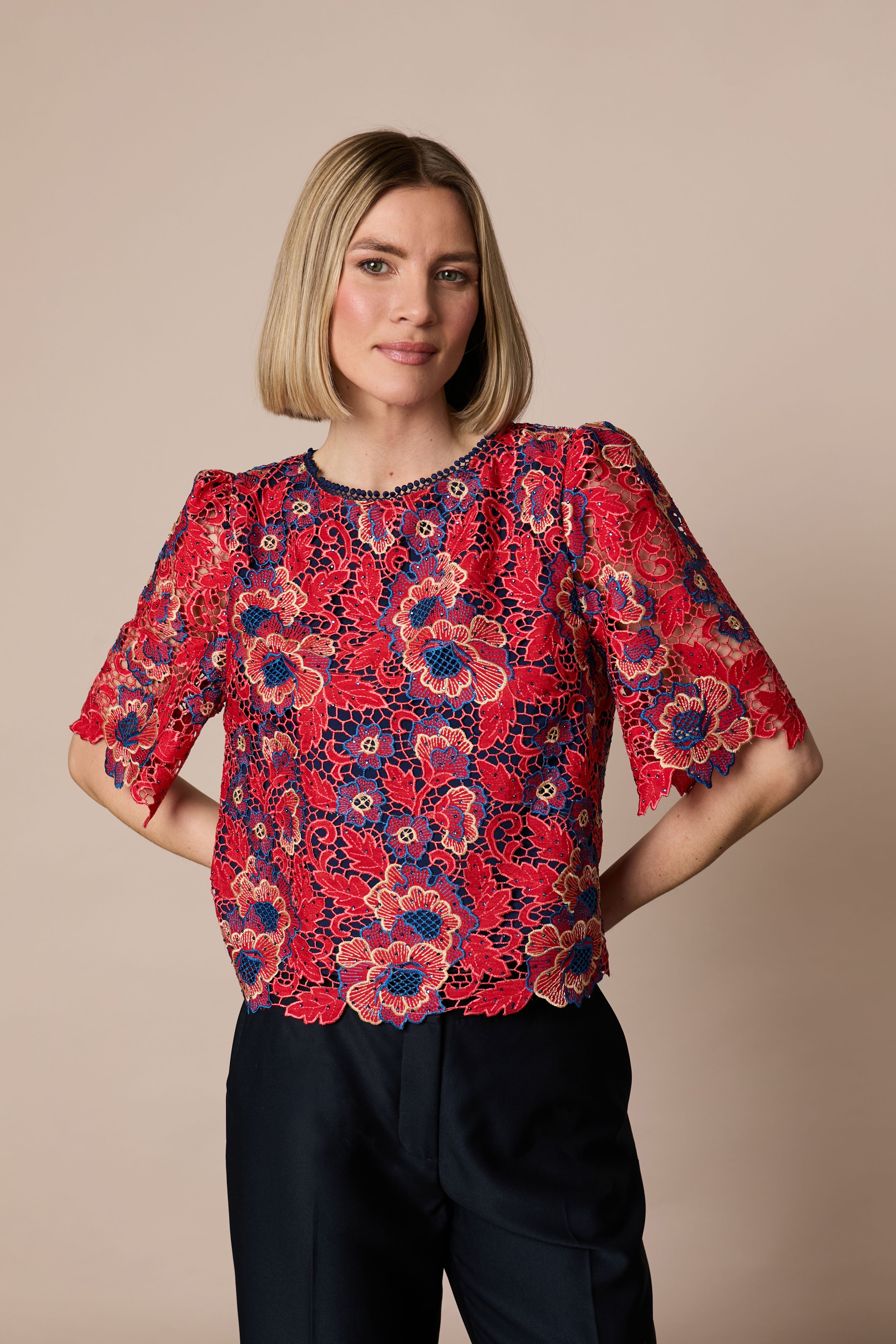 Fee G Lori red and navy floral lace dressy top front view