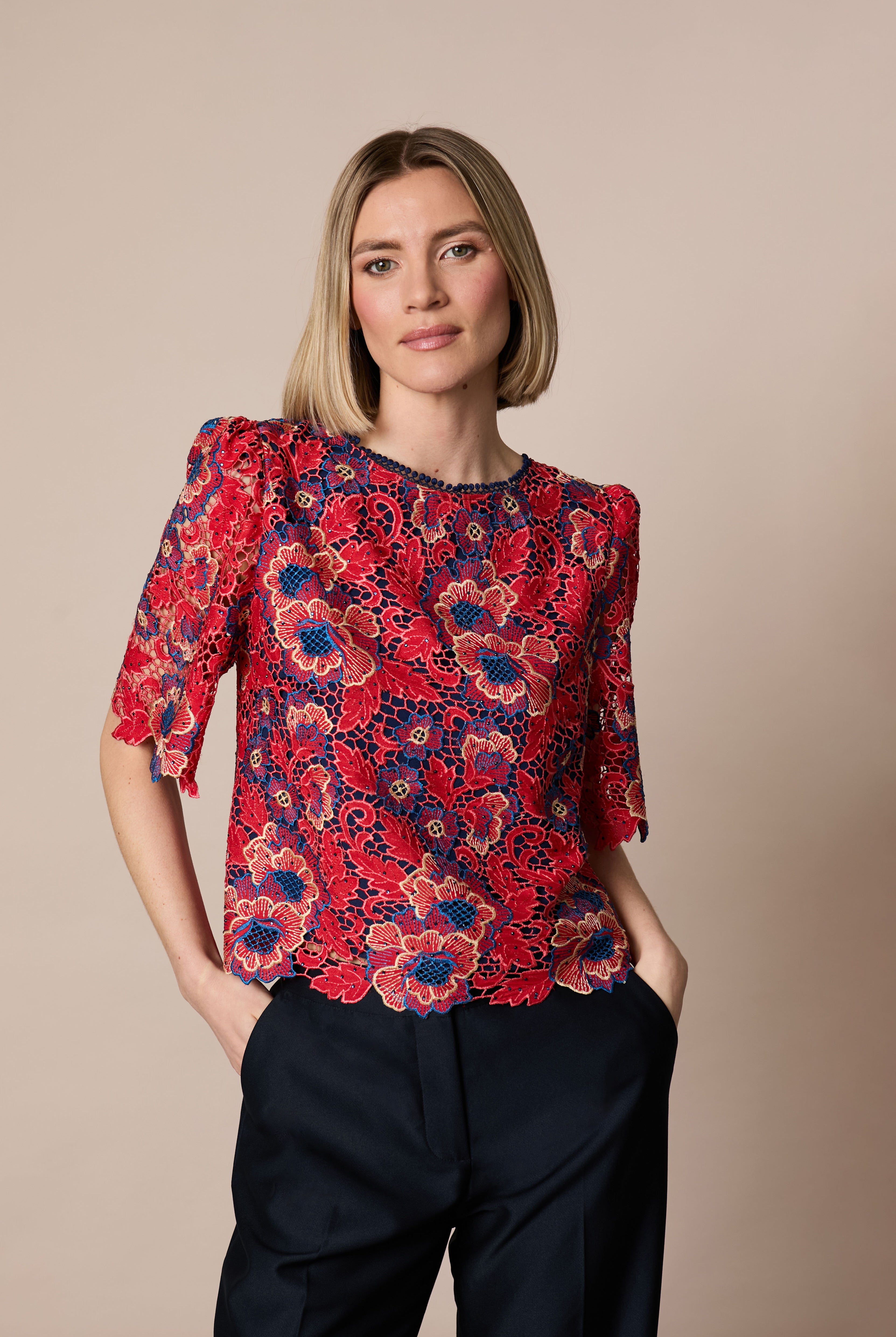 Fee G Lori red navy lace occasion top with scalloped sleeves