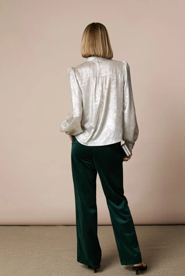 Fee G Amy silky bow blouse back view with billowing long sleeves