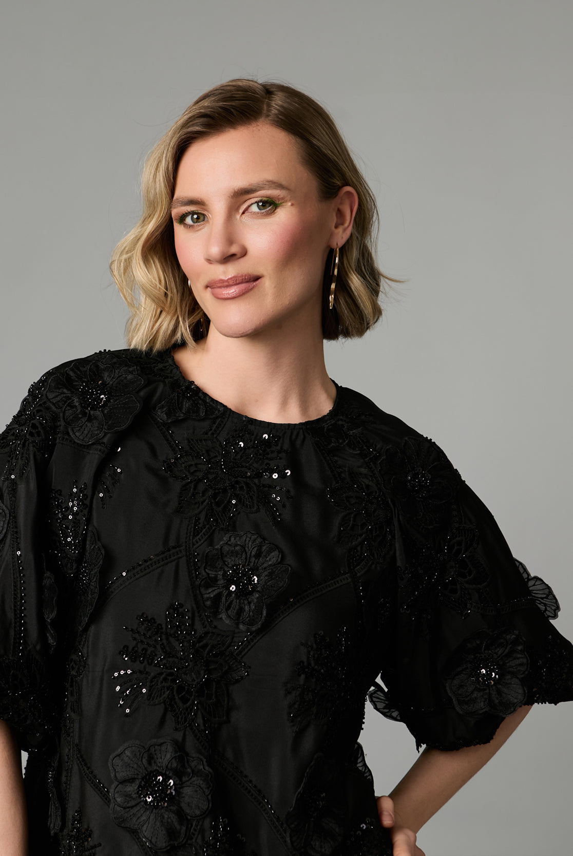 Fee G Renee black embroidered floral dressy top sleeve detail