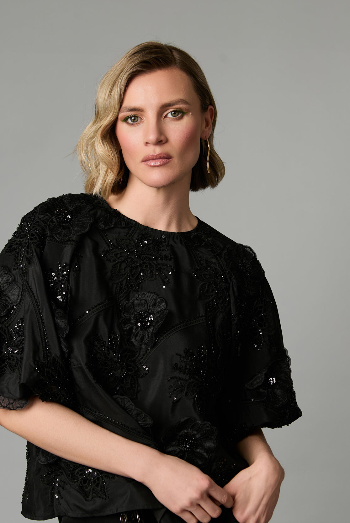 Fee G Renee black 3D floral smart sequin top close-up