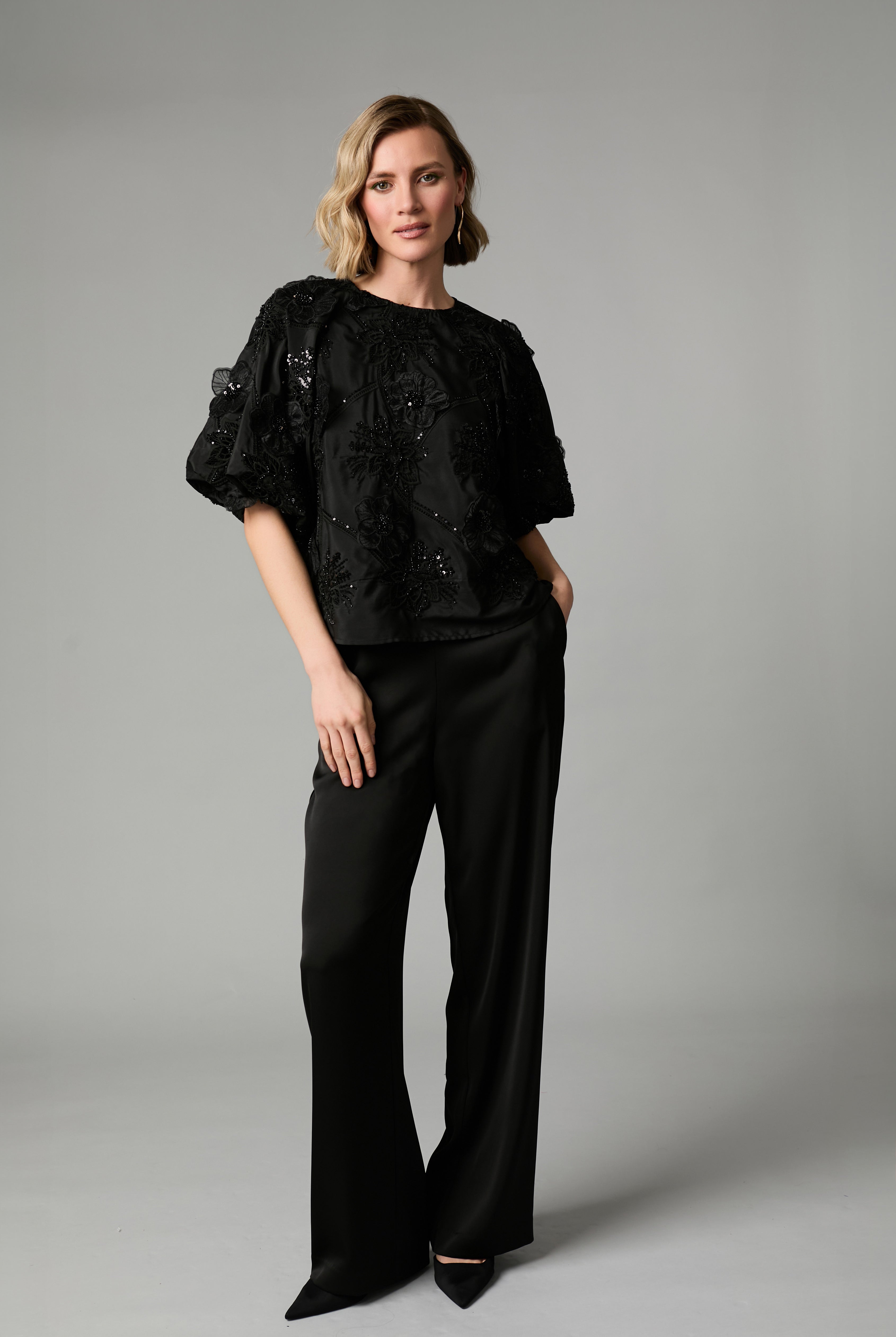 Fee G Renee black embroidered sequin floral occasion top front view