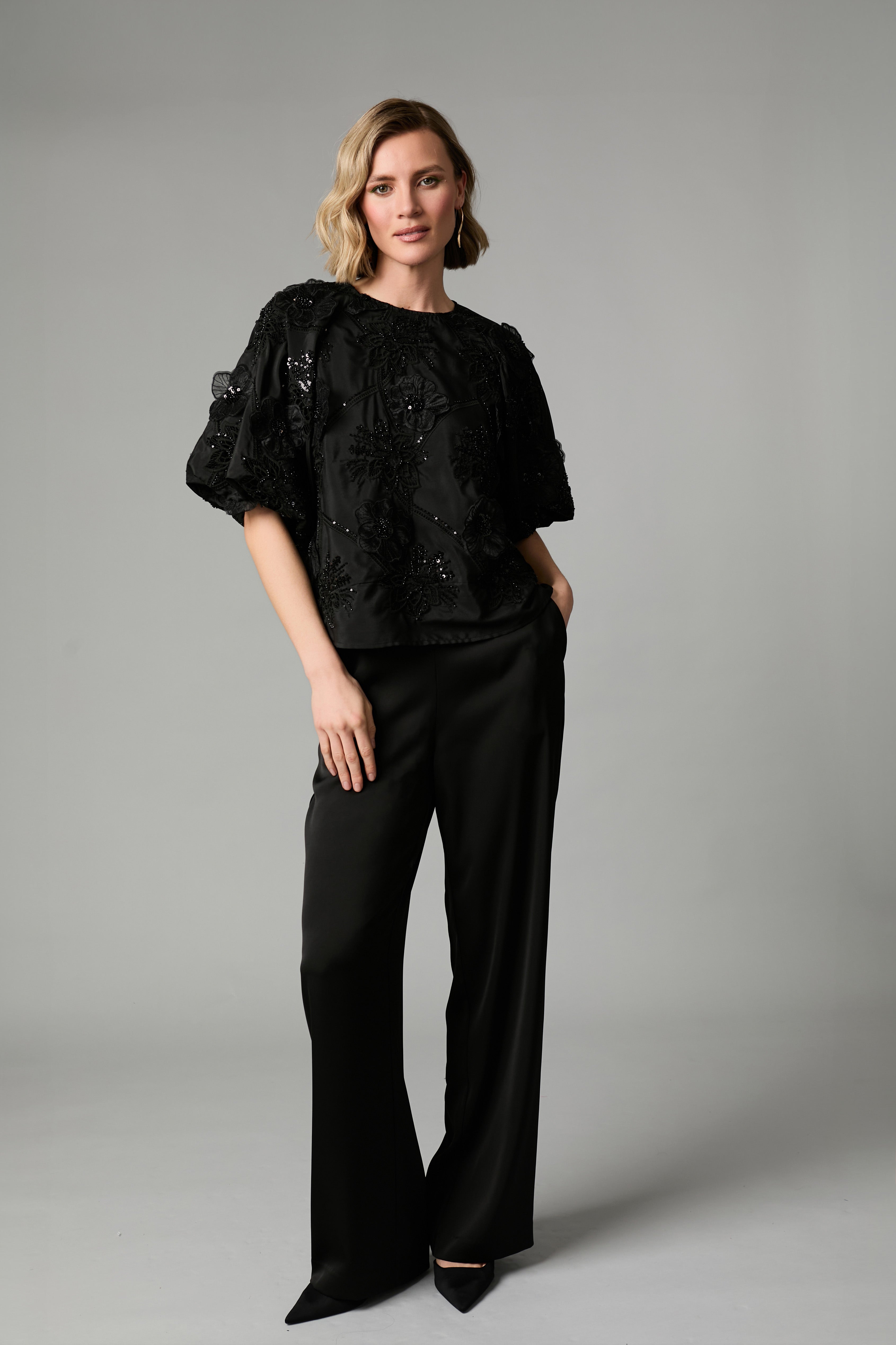 Fee G Renee black embroidered sequin floral occasion top front view